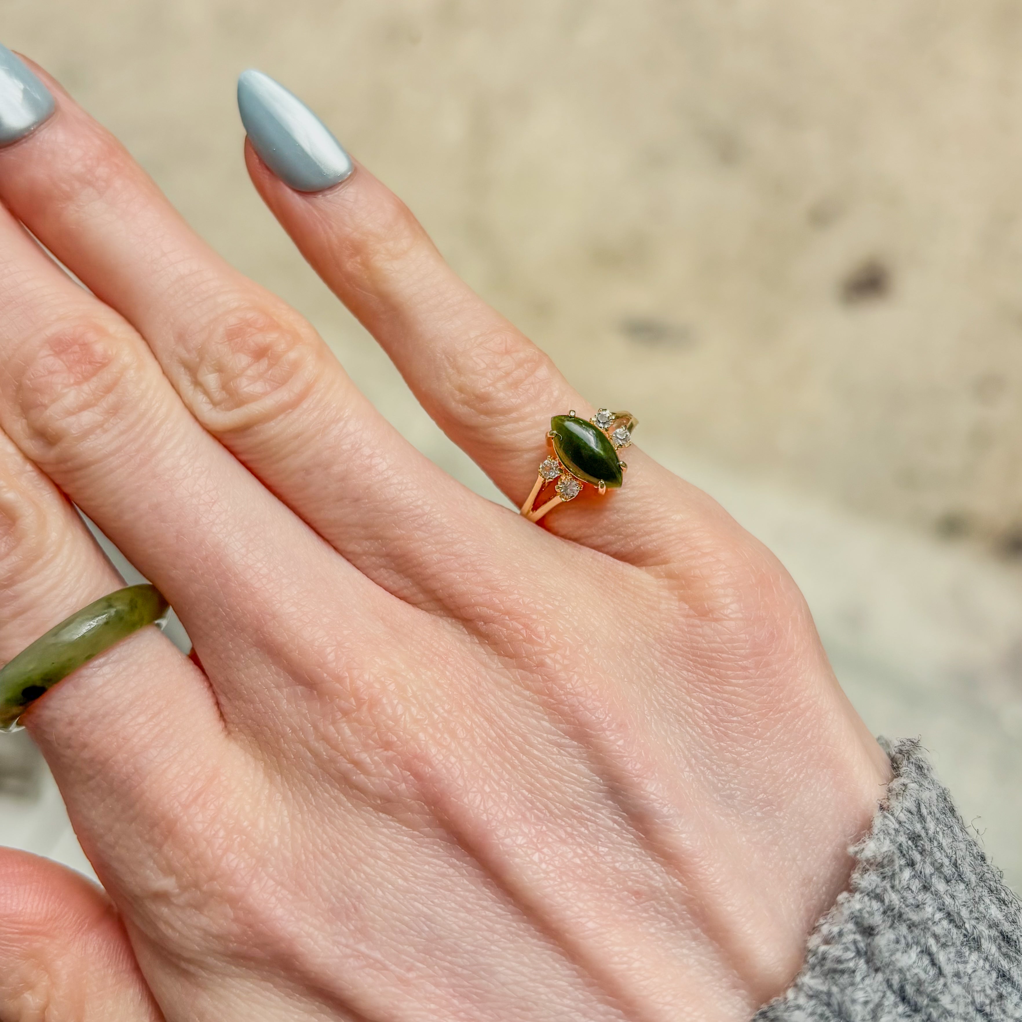 Jade Pointed Oval Ring - Sterling Silver Gold Plated