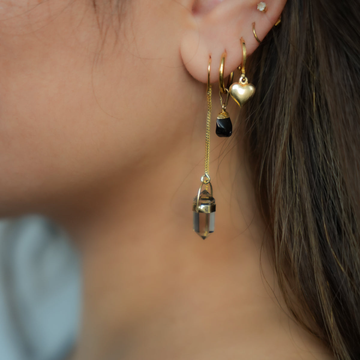 Smoky Quartz - Pointed Threaded Earrings - Gold Plated