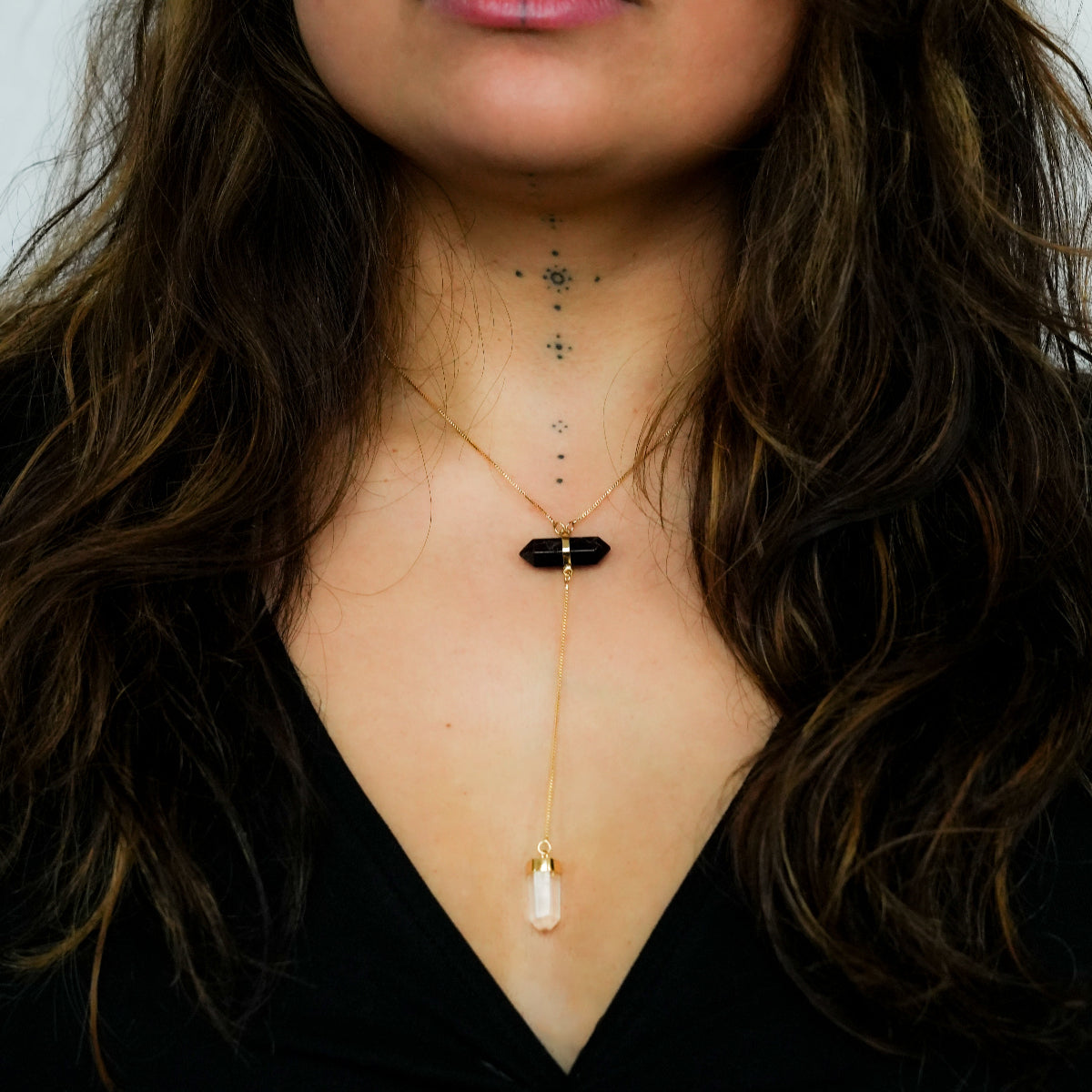 Black Obsidian and Clear Quartz - All Flow Necklace - Gold Plated