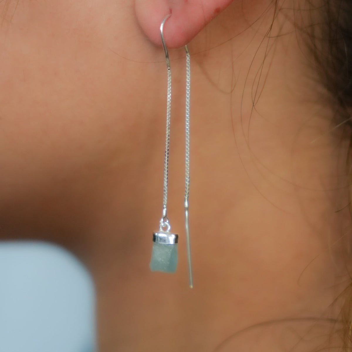 Aquamarine- Threaded Earrings - Sterling Silver