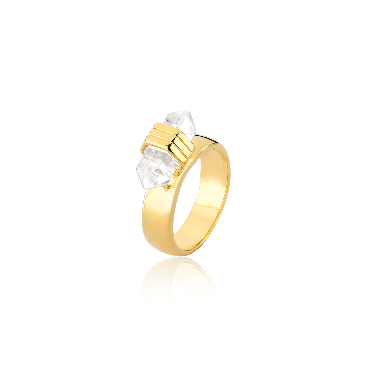 Two Points Clear Quartz Ring - Gold Plated