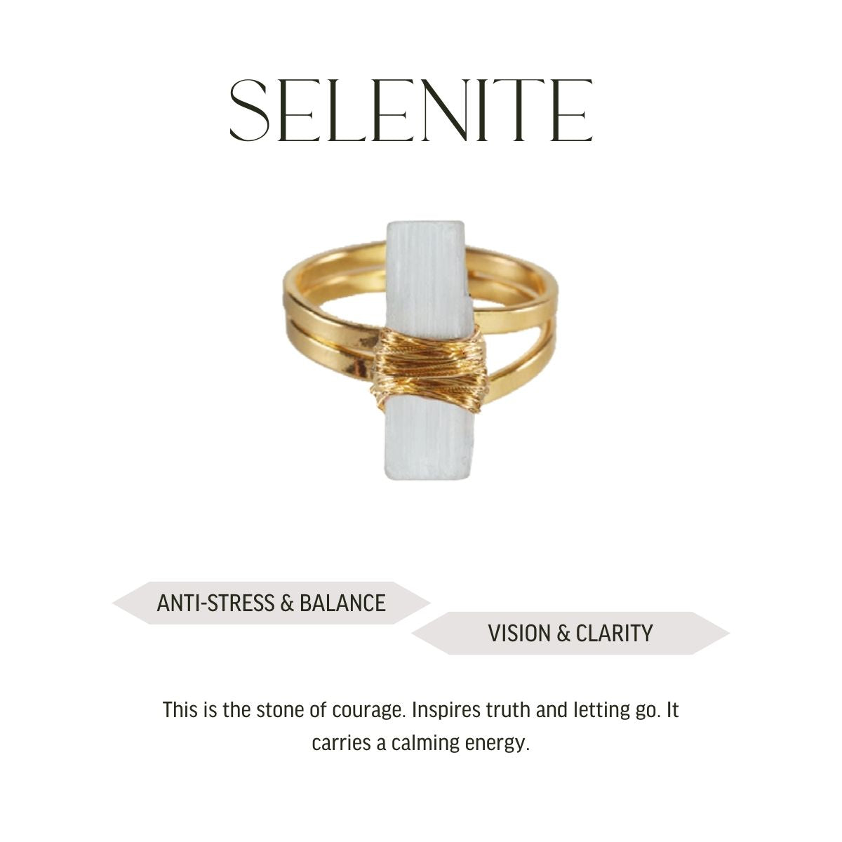 Selenite - Wrapped Raw Ring - Adjustable - Gold Plated