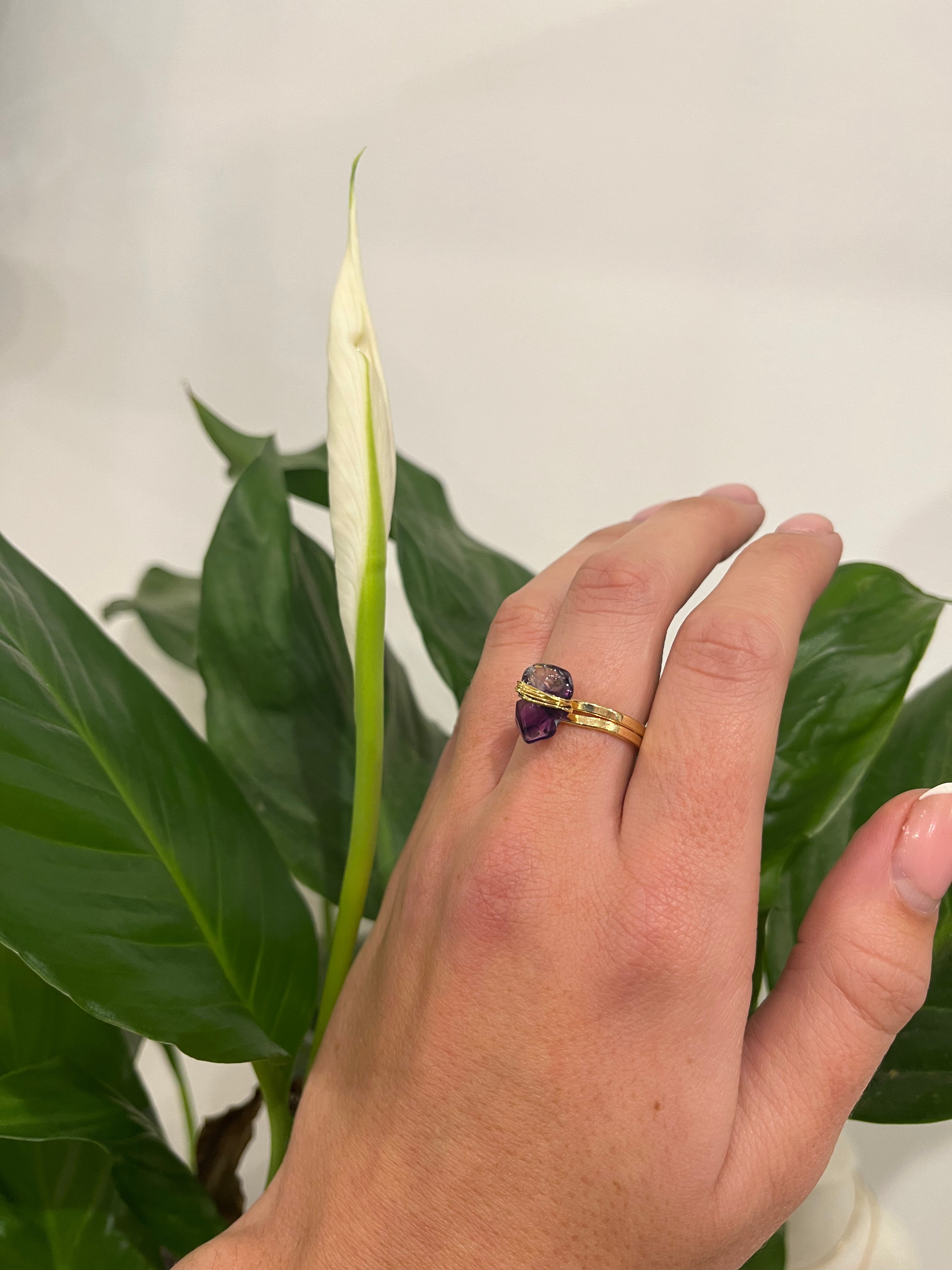 Amethyst - Wrapped Raw Ring - Adjustable - Gold Plated