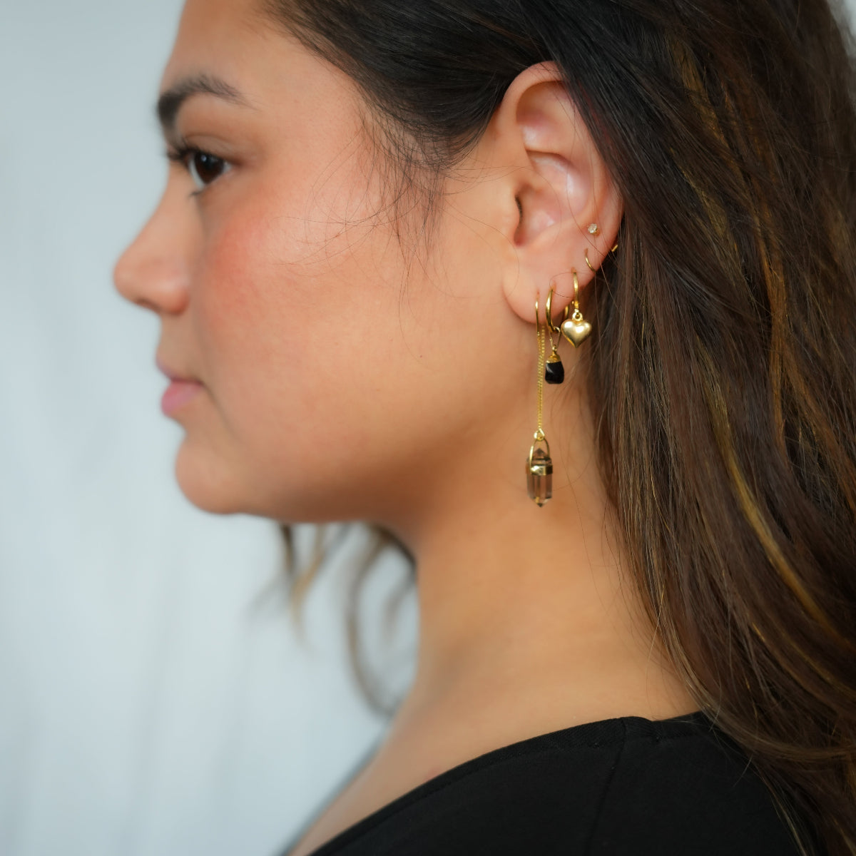 Smoky Quartz - Pointed Threaded Earrings - Gold Plated