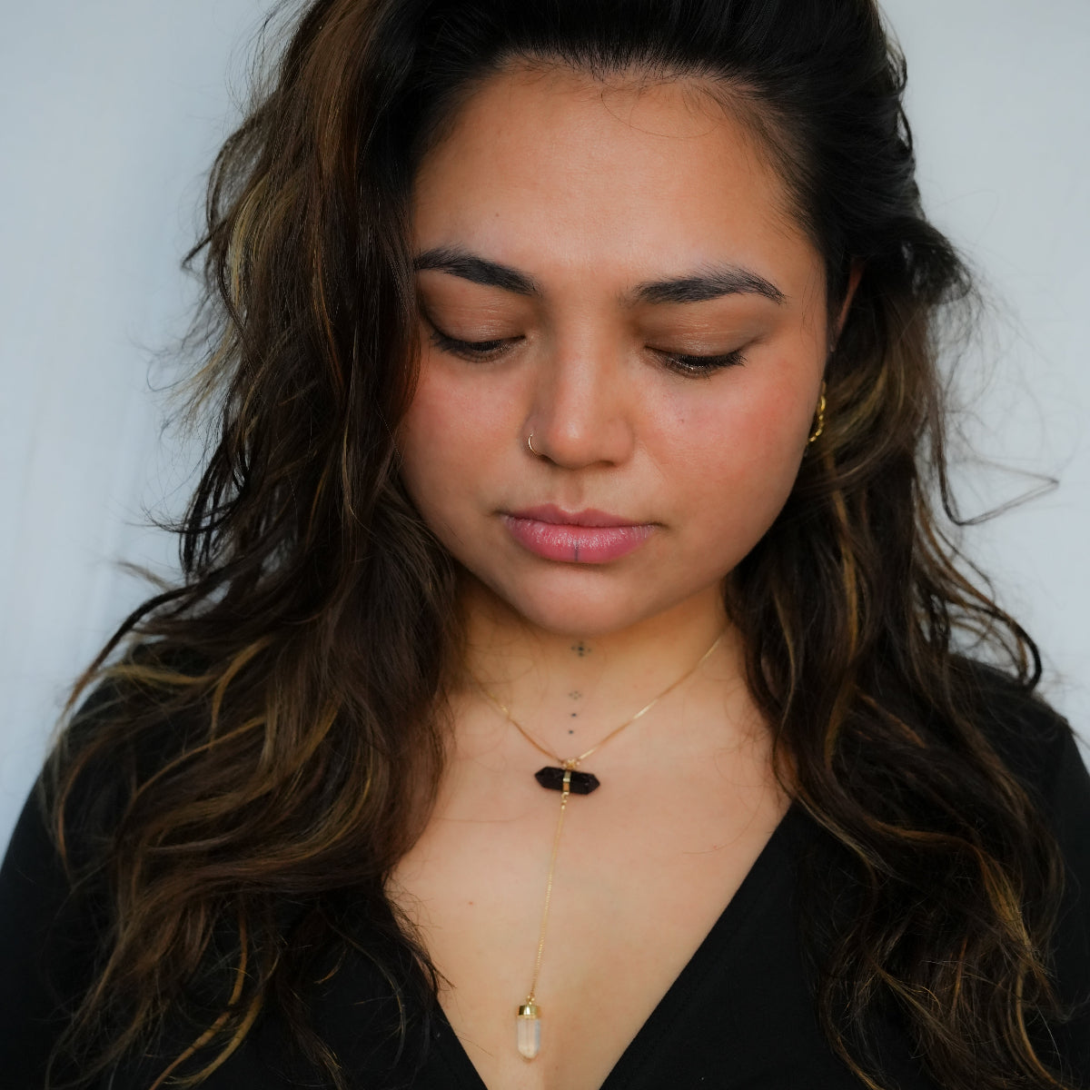 Black Obsidian and Clear Quartz - All Flow Necklace - Gold Plated