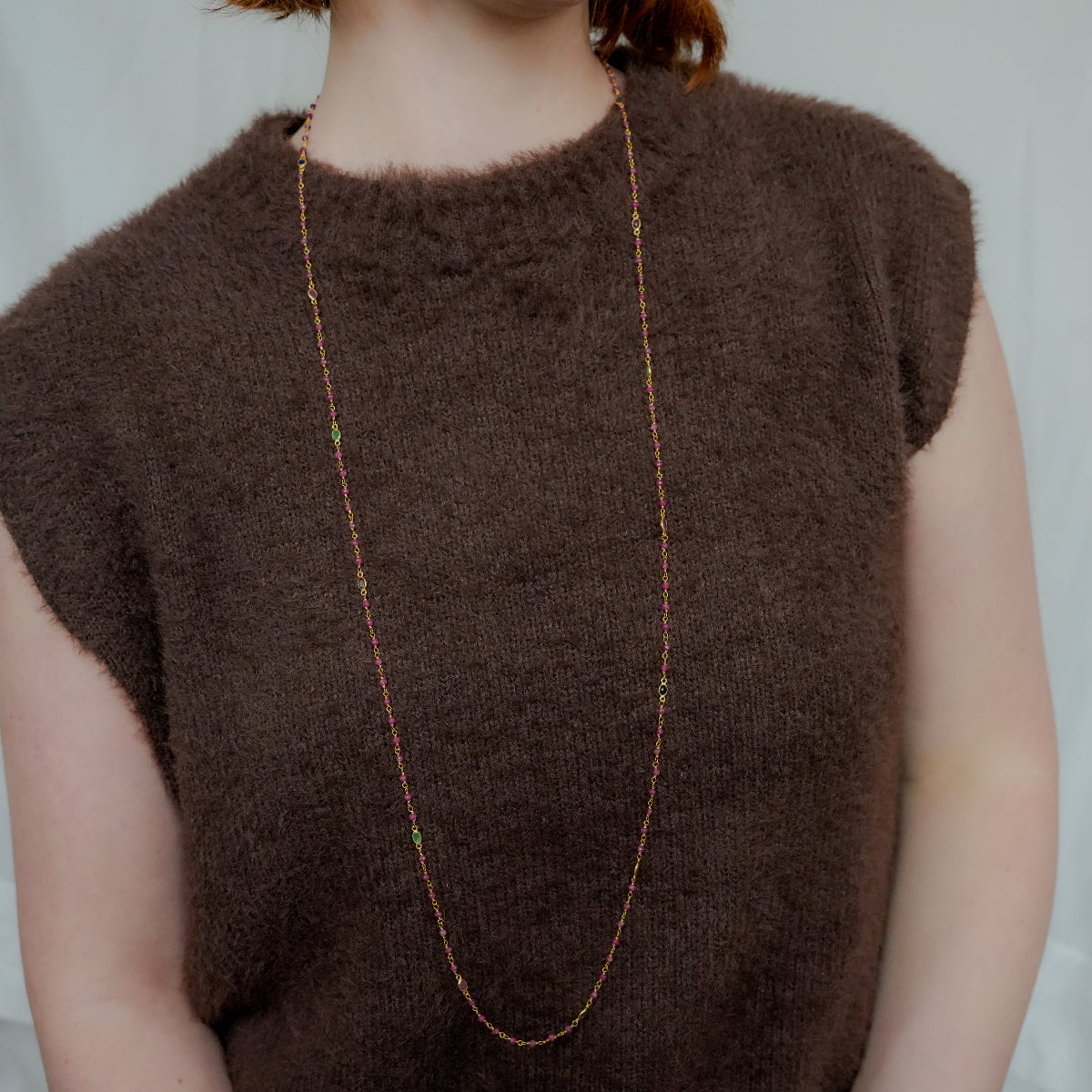 Ruby, Emerald & Sapphire 100cm Necklace - Gold Plated on Sterling Silver