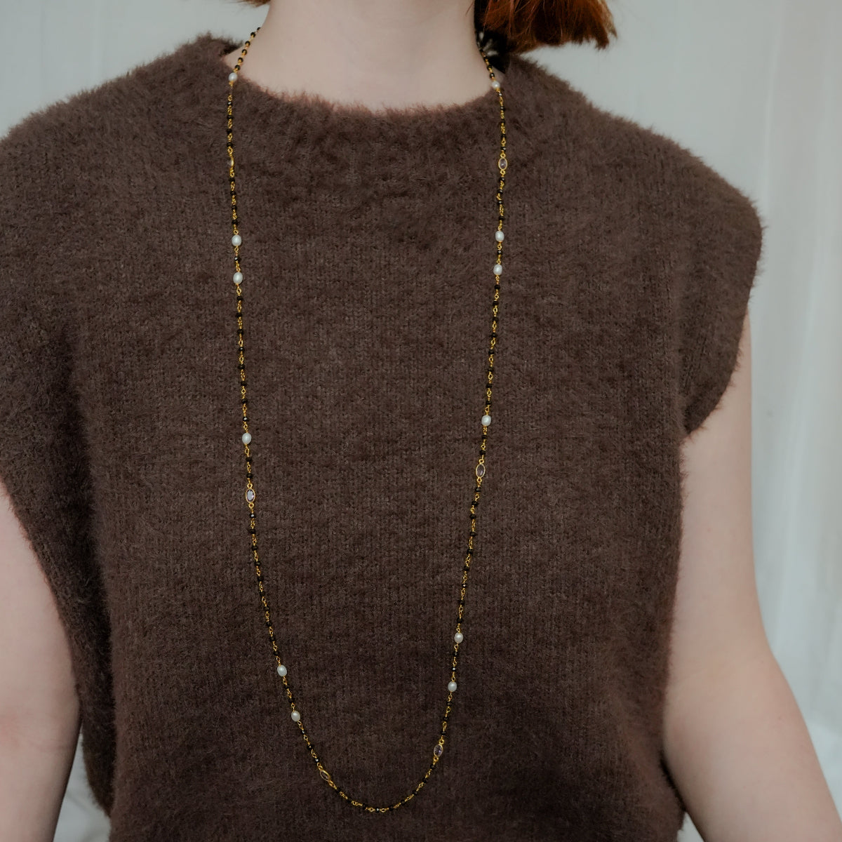 Amethyst, Black Spinel & Water Pearl - Beads Necklace - Gold Plated on Sterling Silver