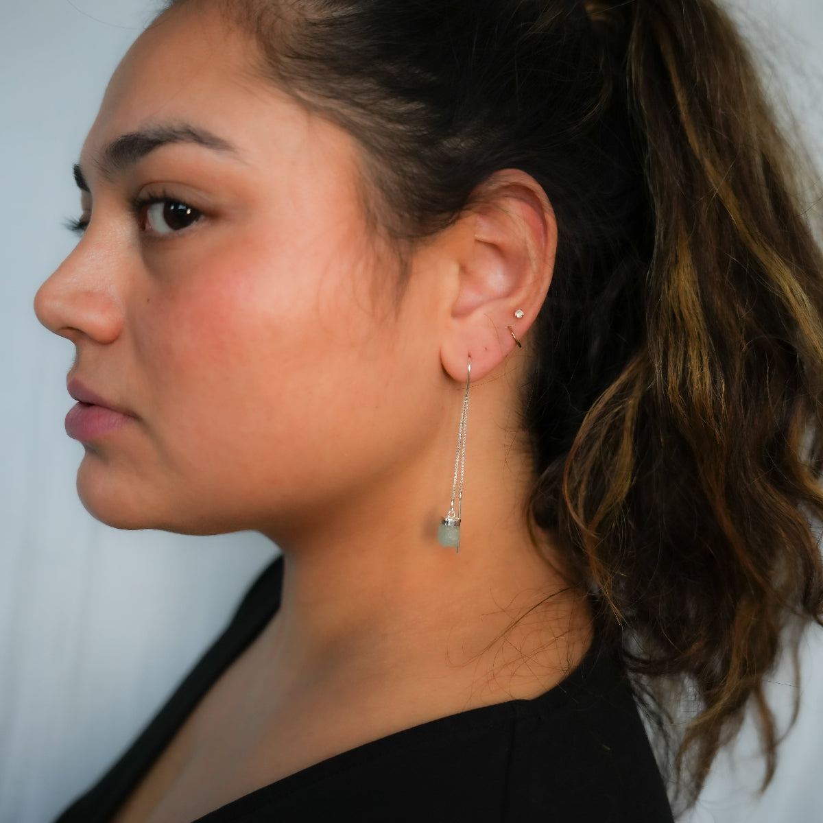 Aquamarine- Threaded Earrings - Sterling Silver