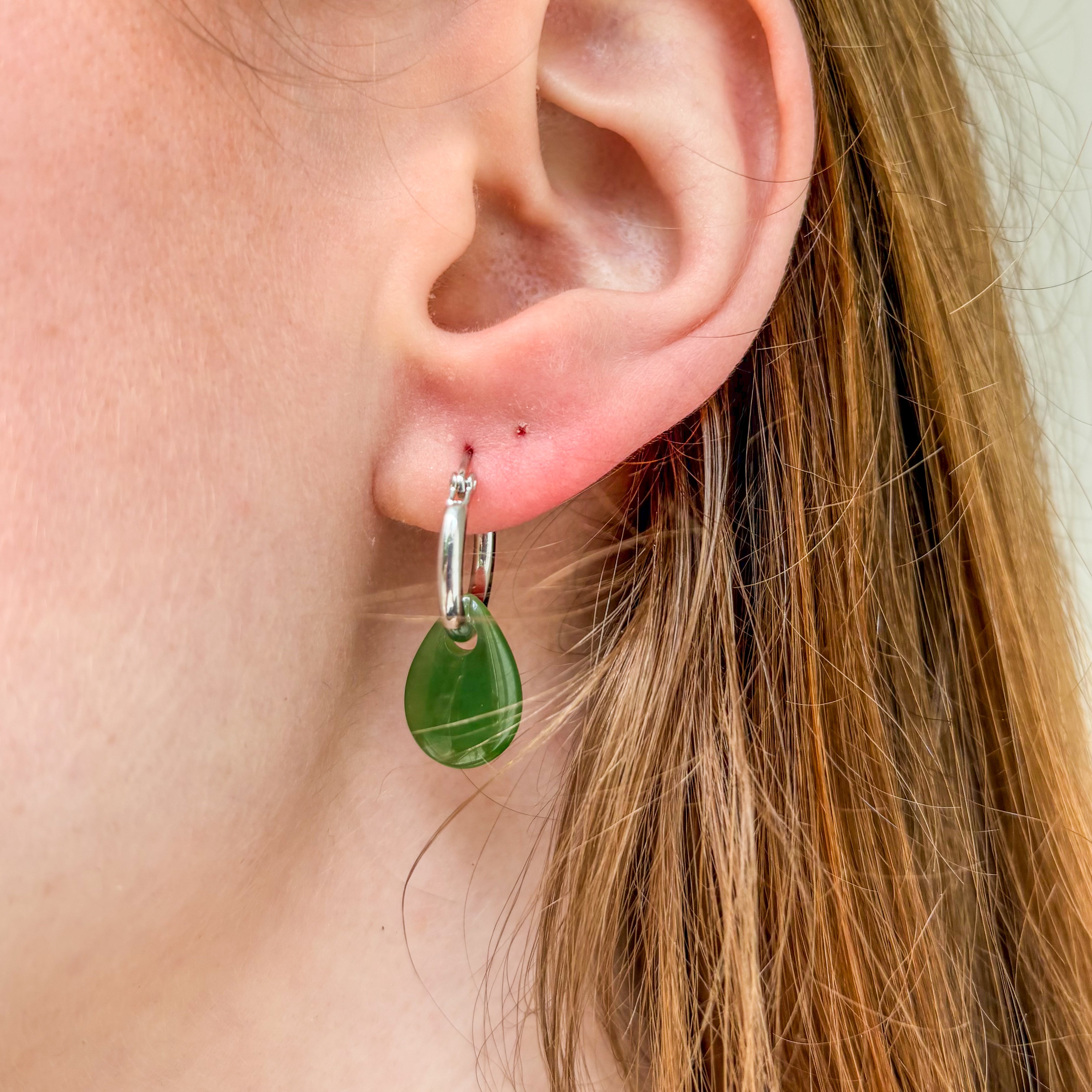 Jade Earrings - Drop Hoops - Sterling Silver