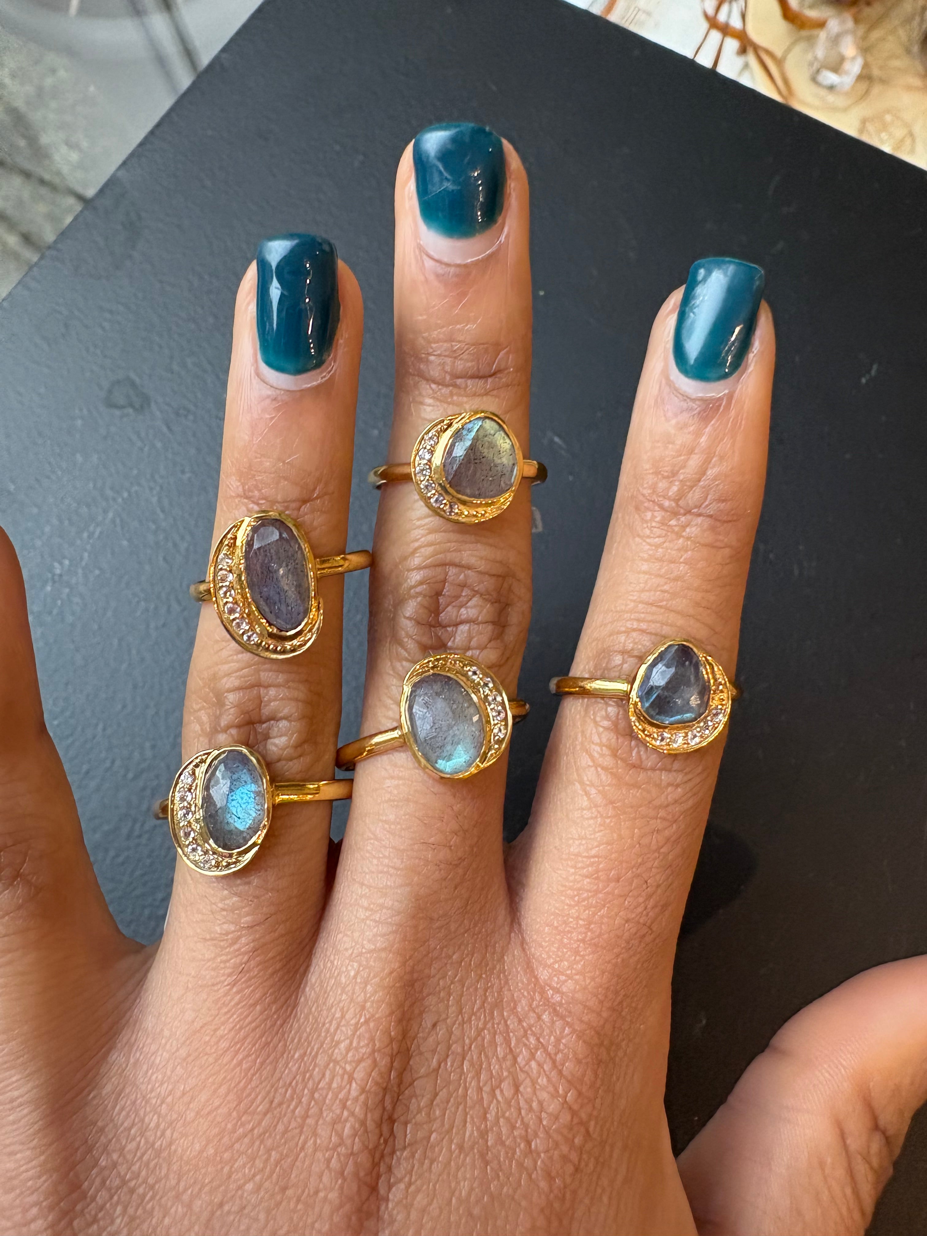 Labradorite & White Topaz - Cosmic Harmony Ring - Sterling Silver Gold Plated - Mystic Star