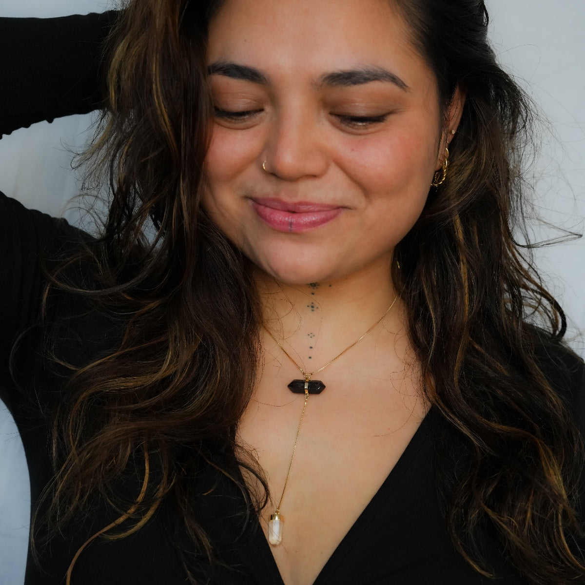 Black Obsidian and Clear Quartz - All Flow Necklace - Gold Plated