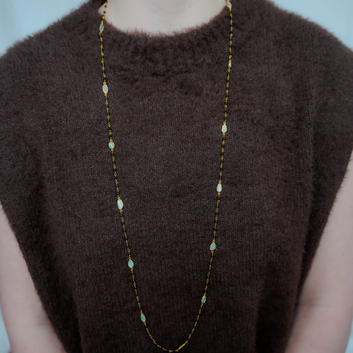 Opal & Blue Shappire Beads Necklace - Gold Plated on Sterling Silver