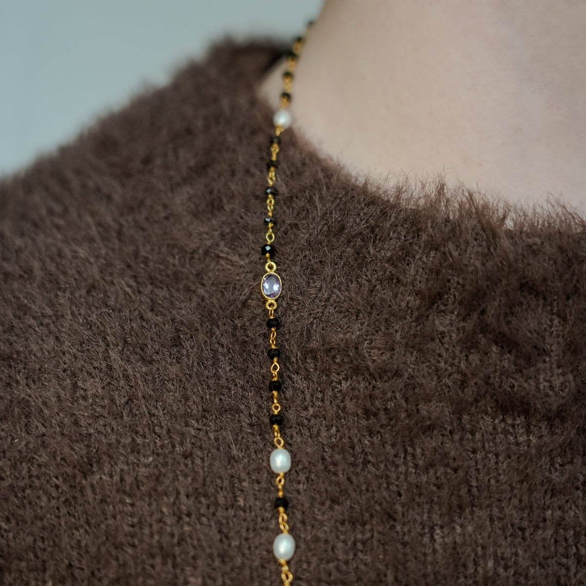 Amethyst, Black Spinel & Water Pearl - Beads Necklace - Gold Plated on Sterling Silver