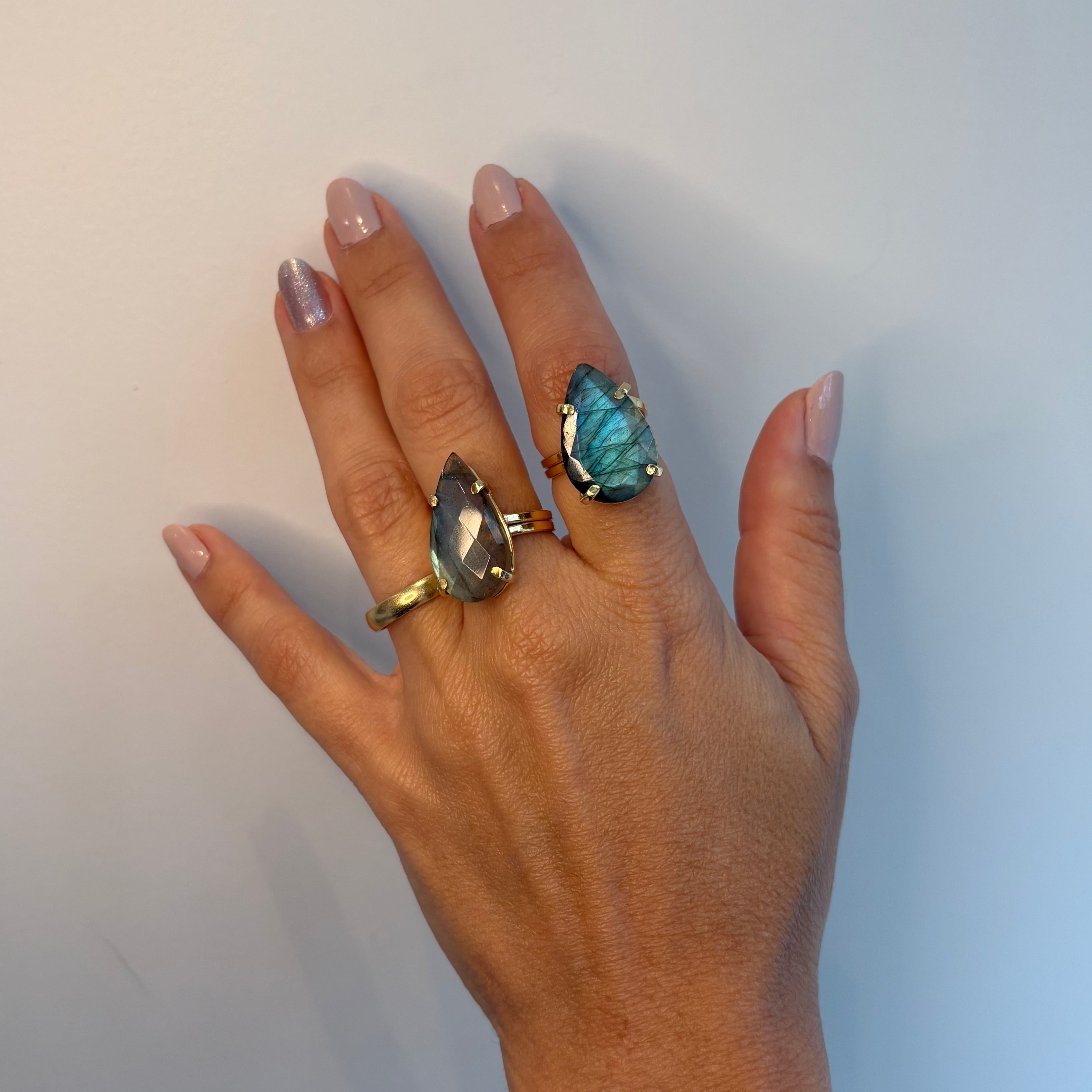 Labradorite Adjustable Drop Ring - Gold Plated