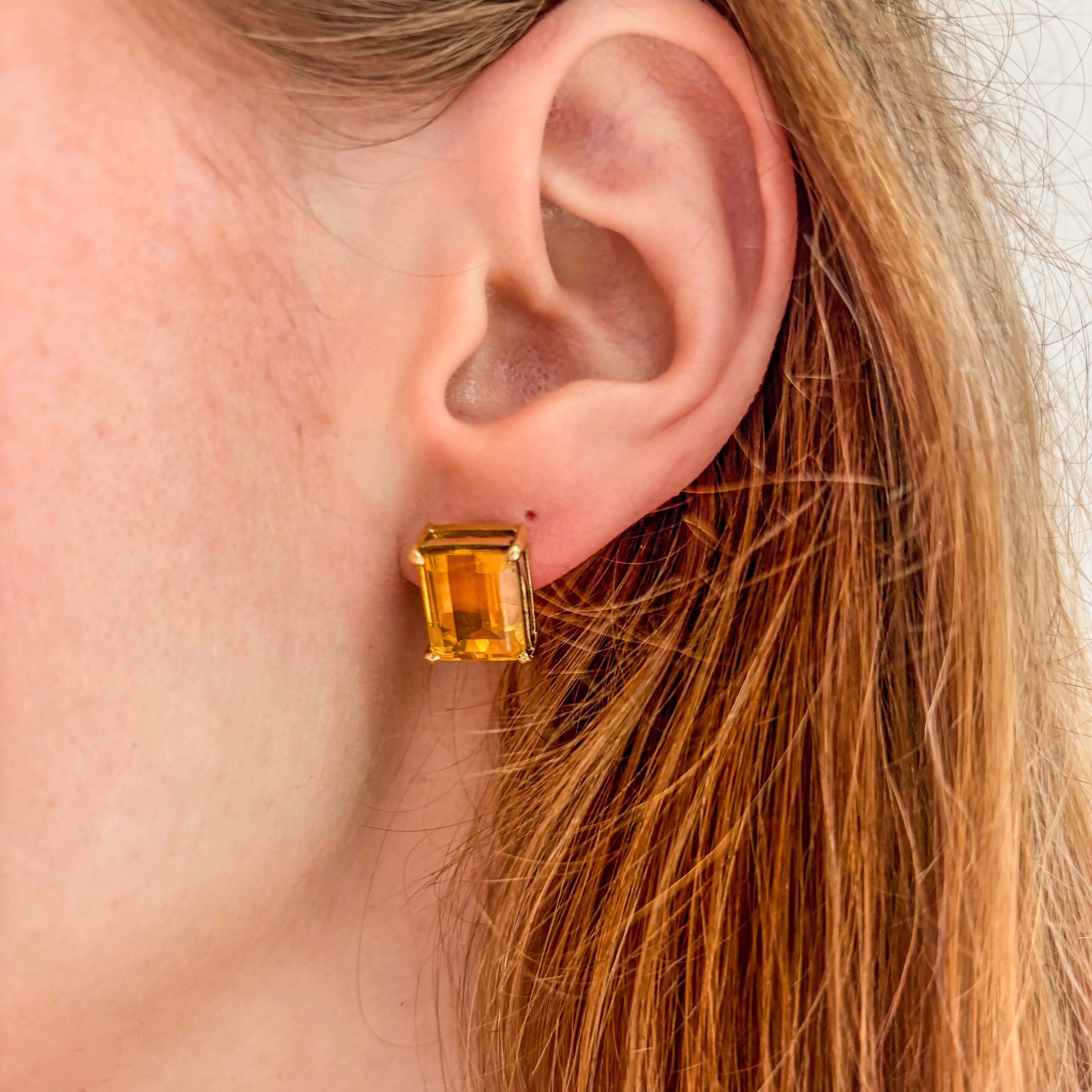 Square Studs Citrine Earrings 18k Solid Gold