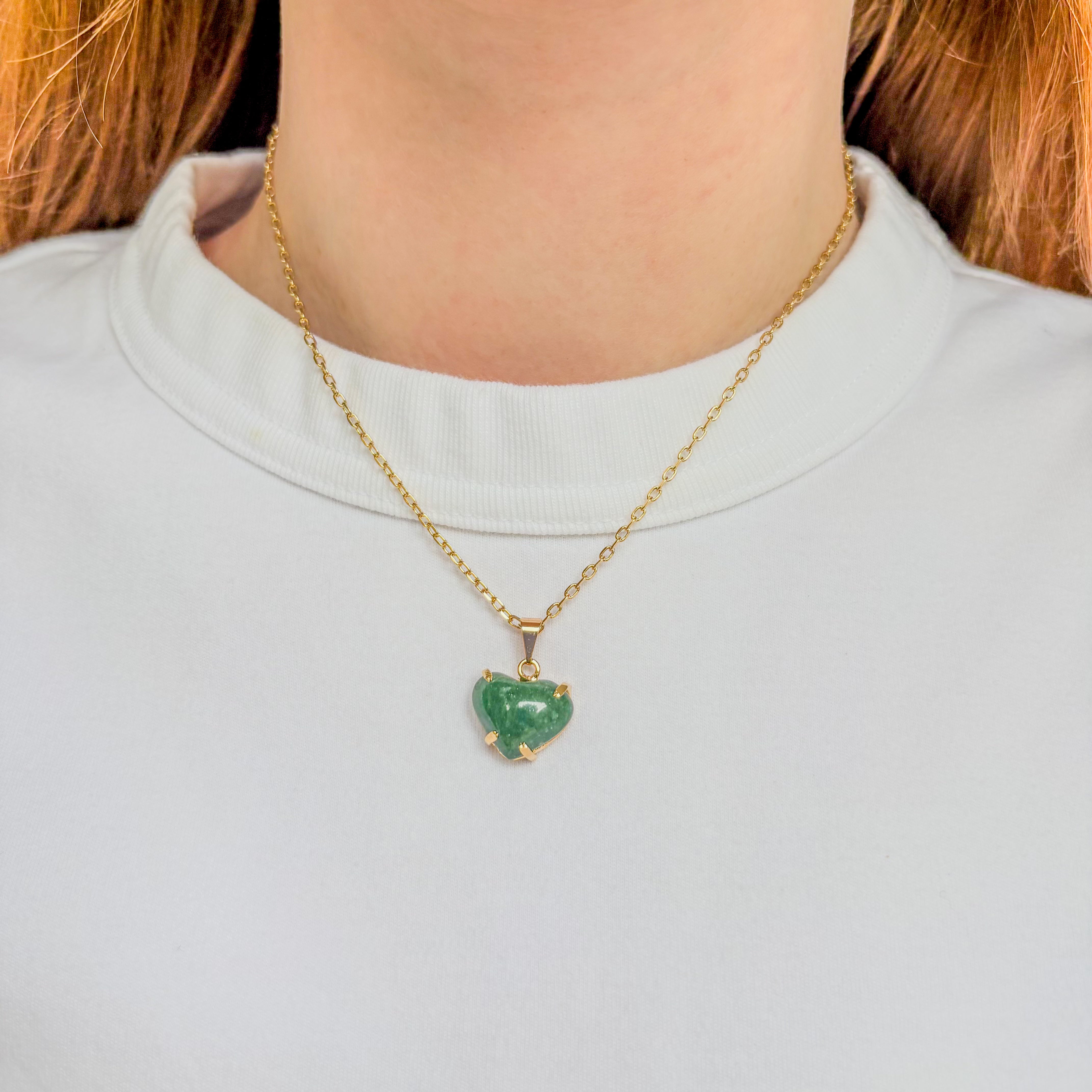 Green Quartz Love Heart Pendant - Gold Plated