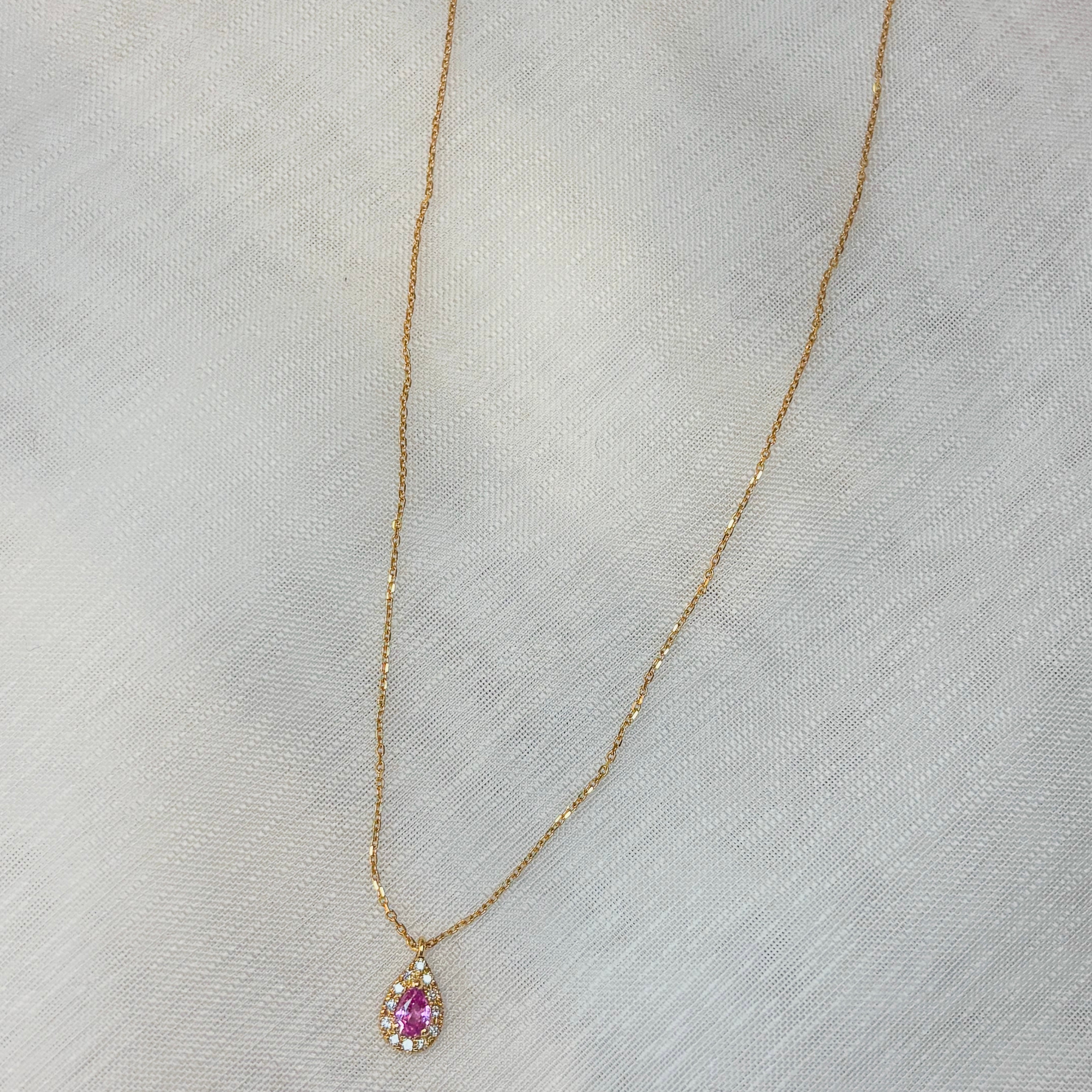 Pink Sapphire & Diamond Necklace - Solid Gold 18k