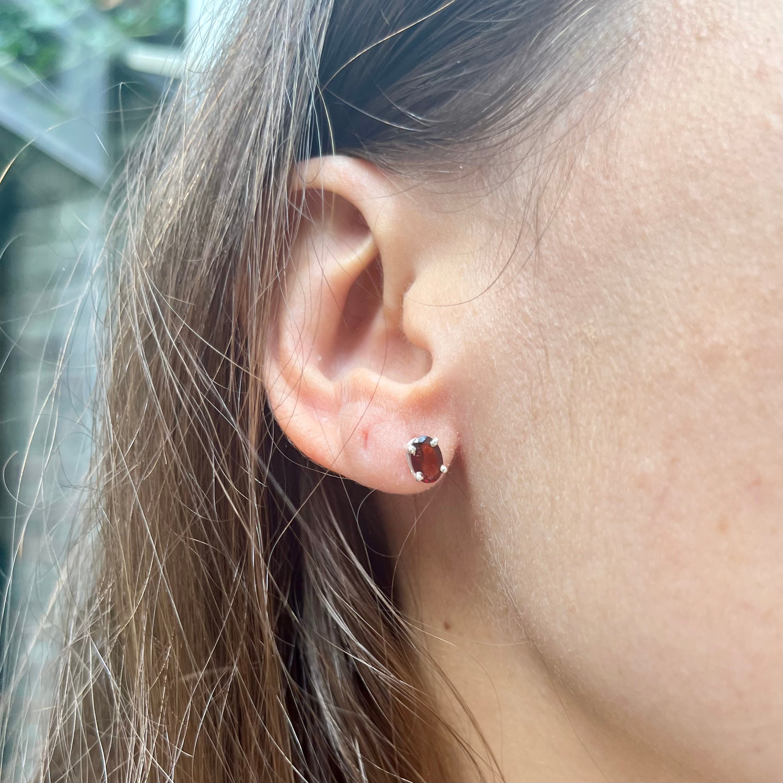 Garnet Stud Earrings - Sterling Silver