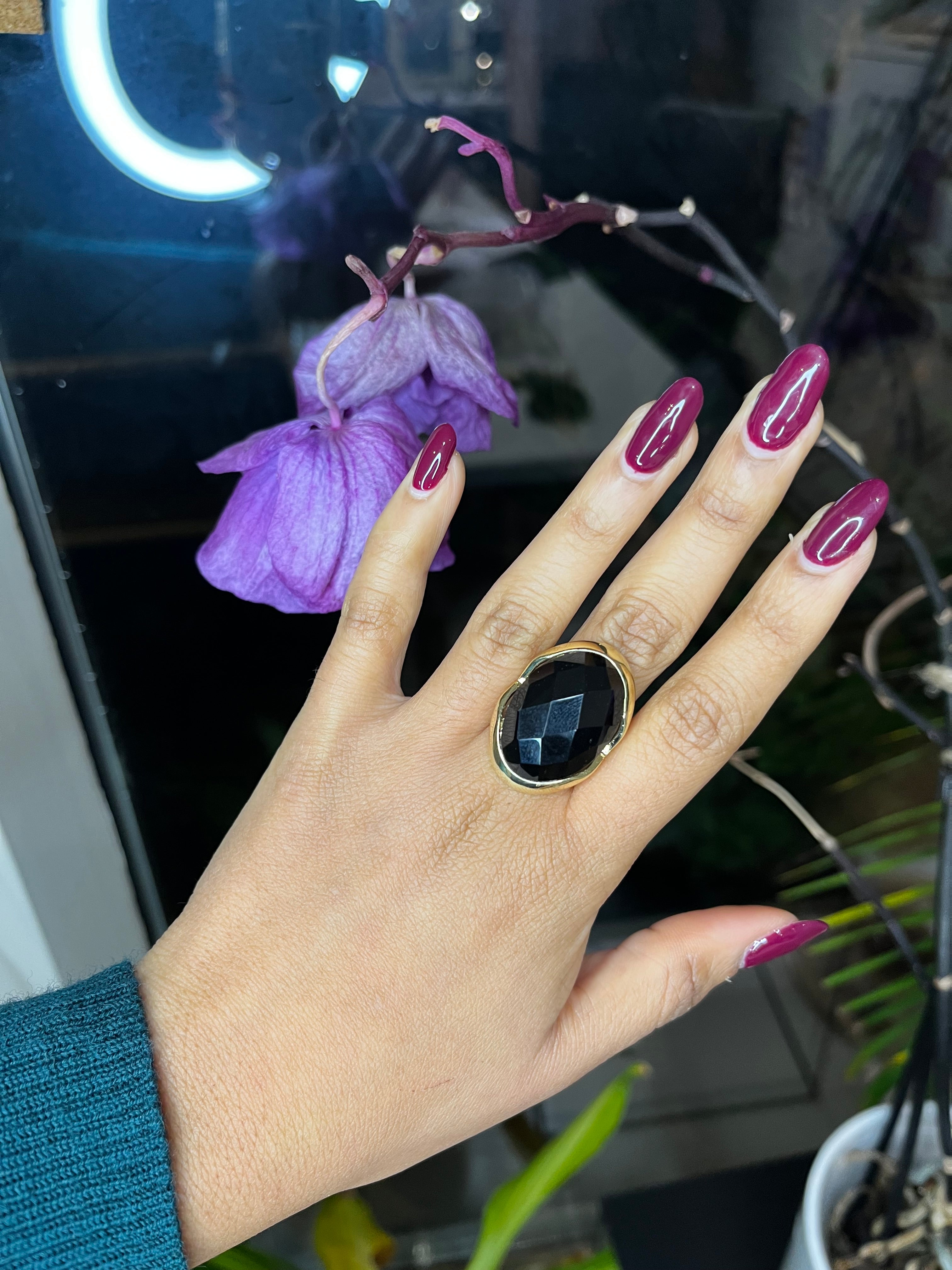 Big Black Obsidian Ring - Gold Plated