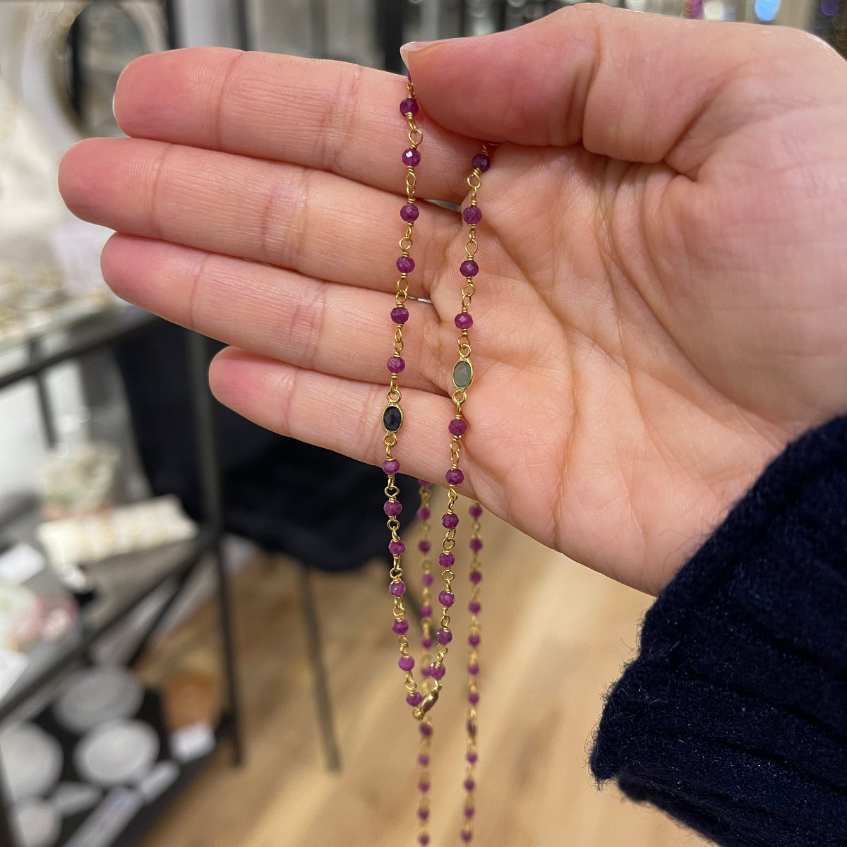 Ruby, Emerald & Sapphire 100cm Necklace - Gold Plated on Sterling Silver
