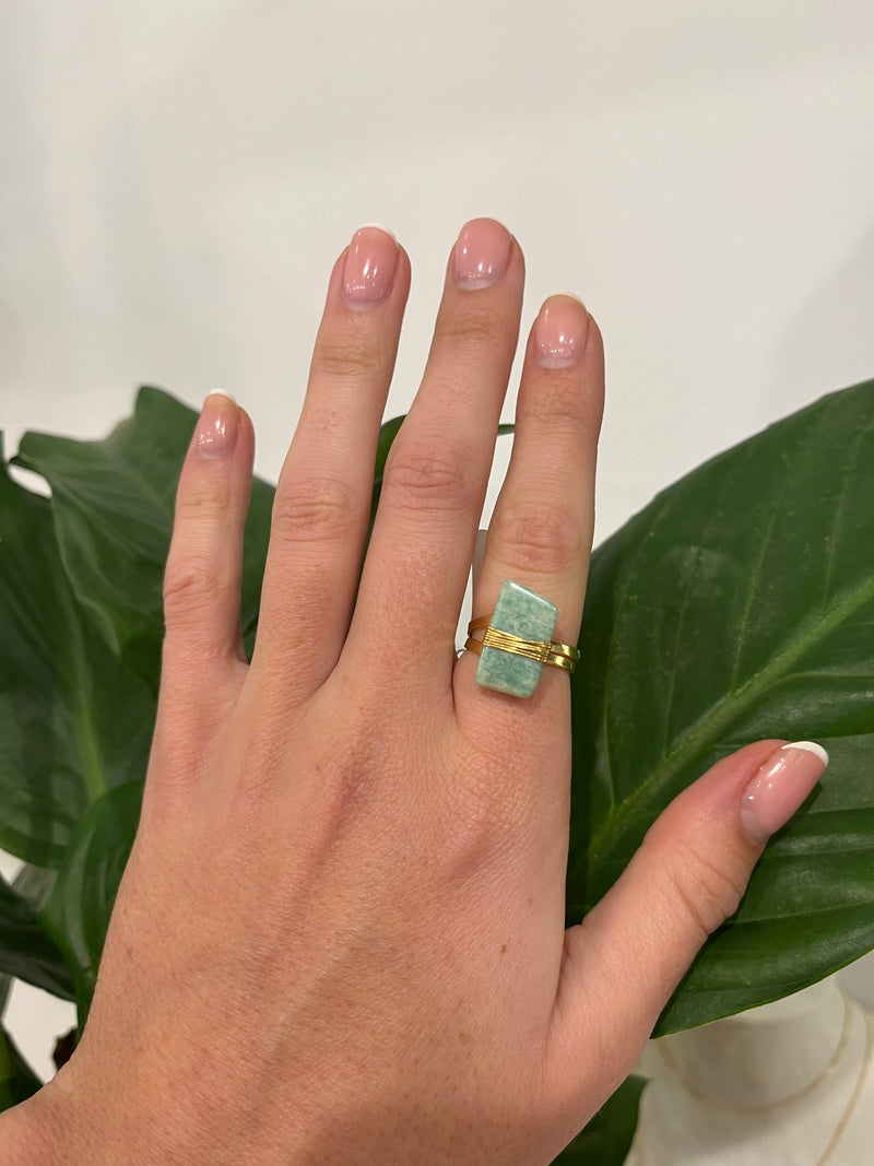 Amazonite - Wrapped Raw Ring - Adjustable - Gold Plated