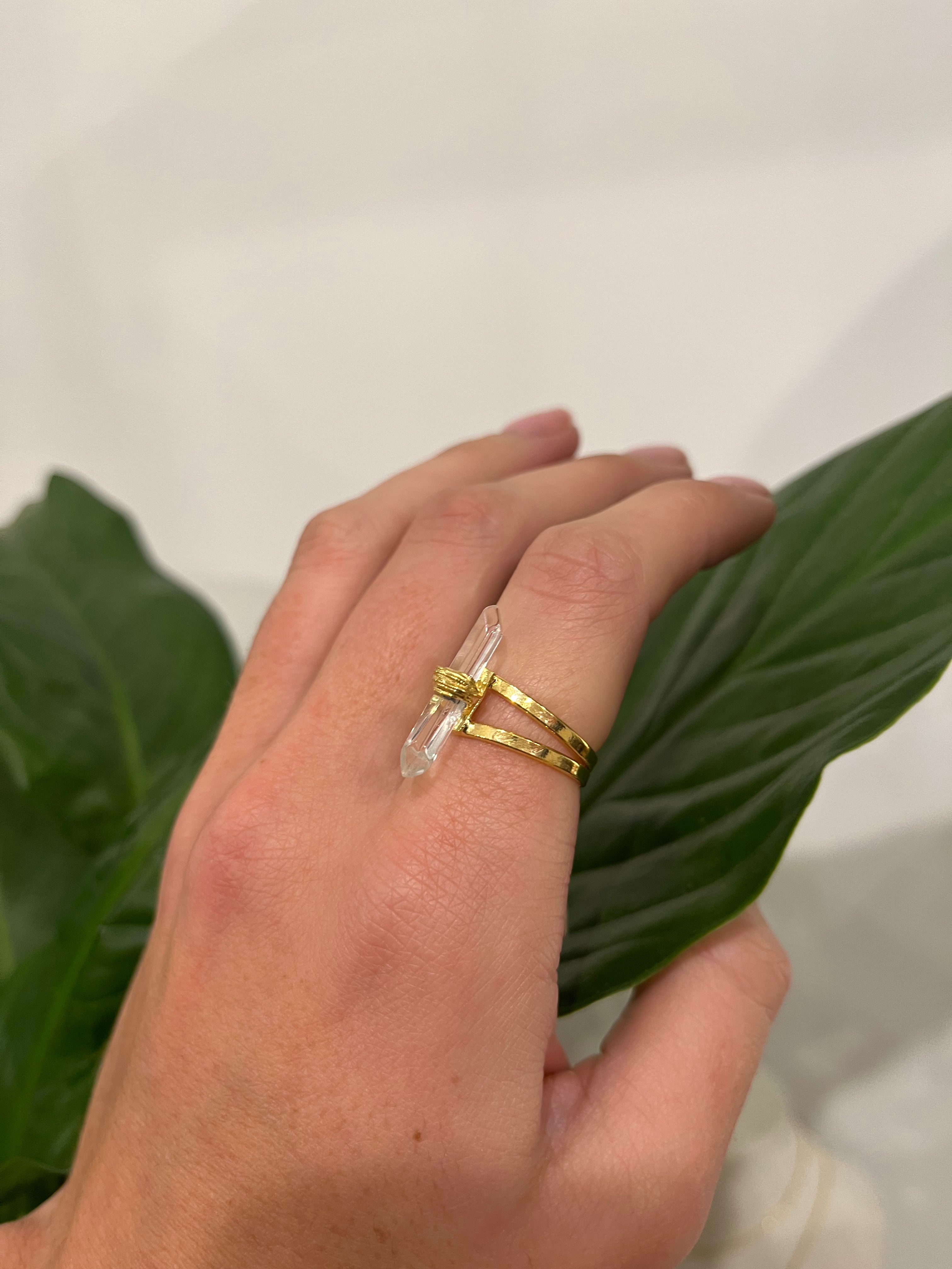 Tumbled Clear Quartz Wrapped Ring - Gold Plated
