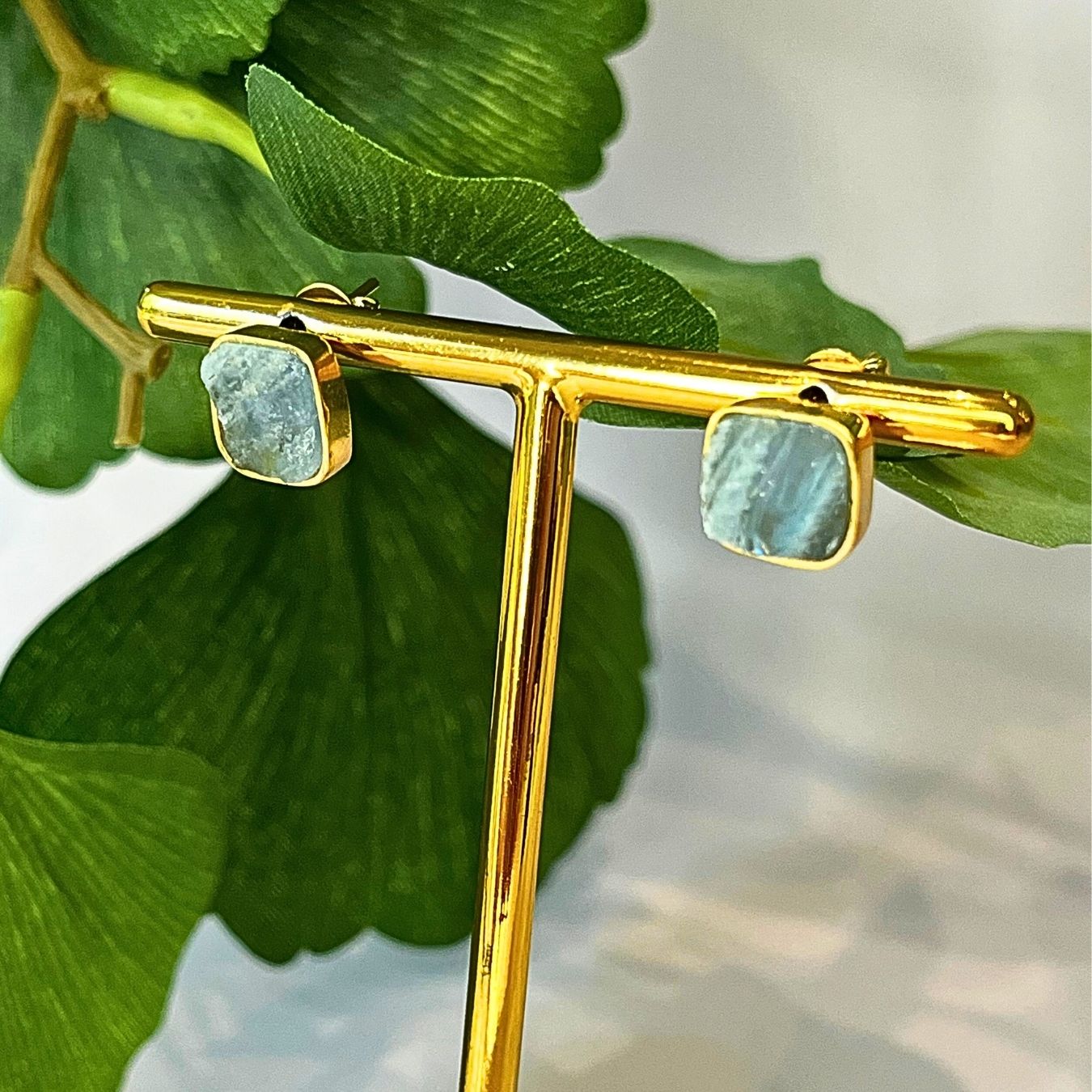 Aquamarine - Square Studs Earrings - Gold Plated