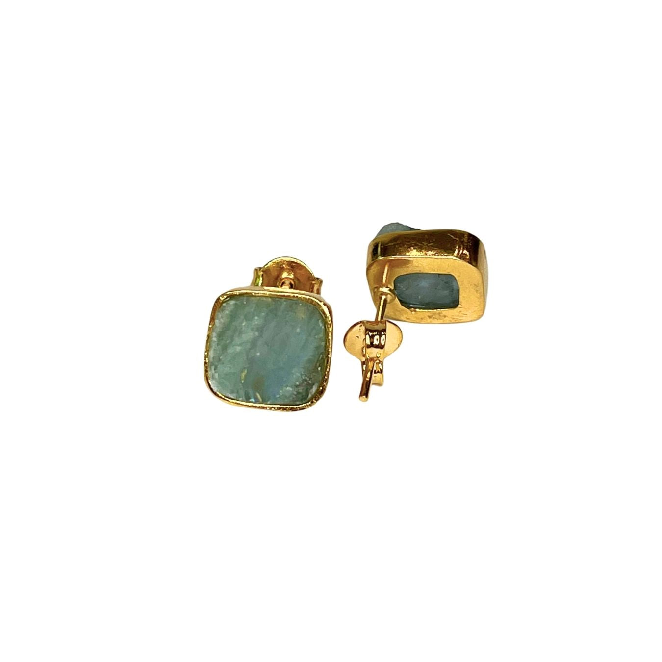 Aquamarine - Square Studs Earrings - Gold Plated