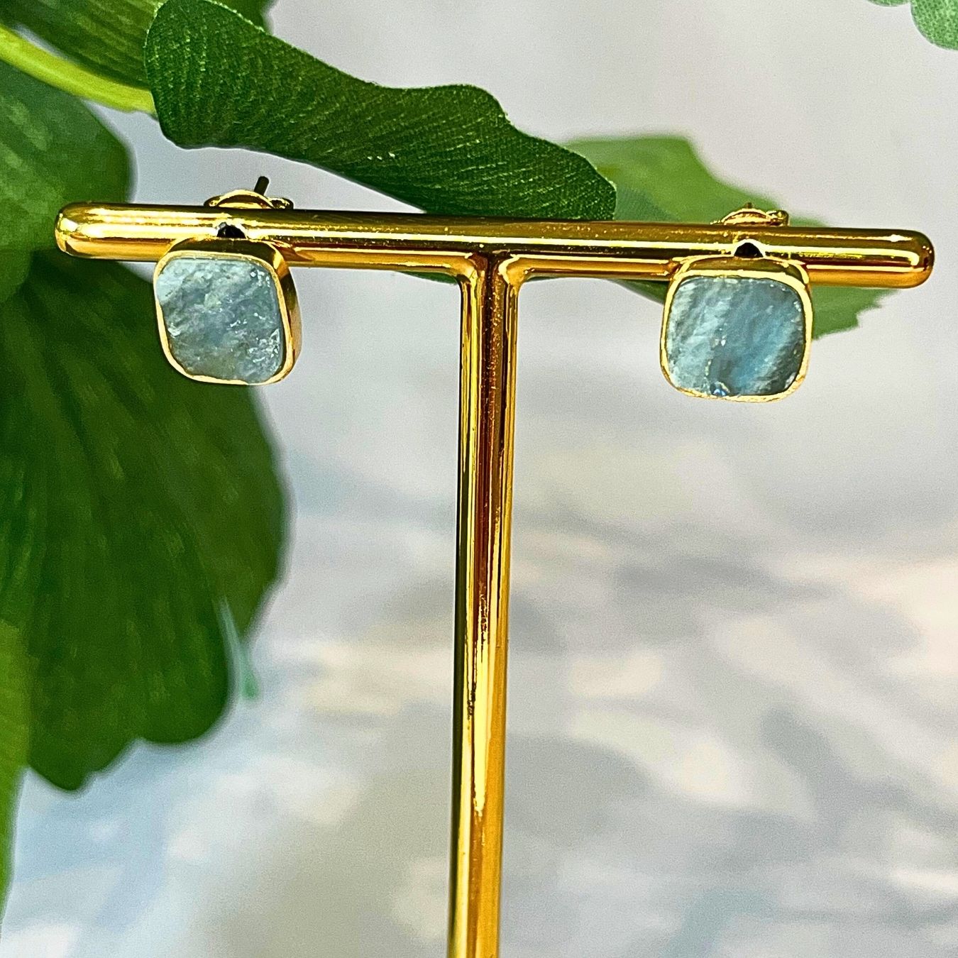 Aquamarine - Square Studs Earrings - Gold Plated