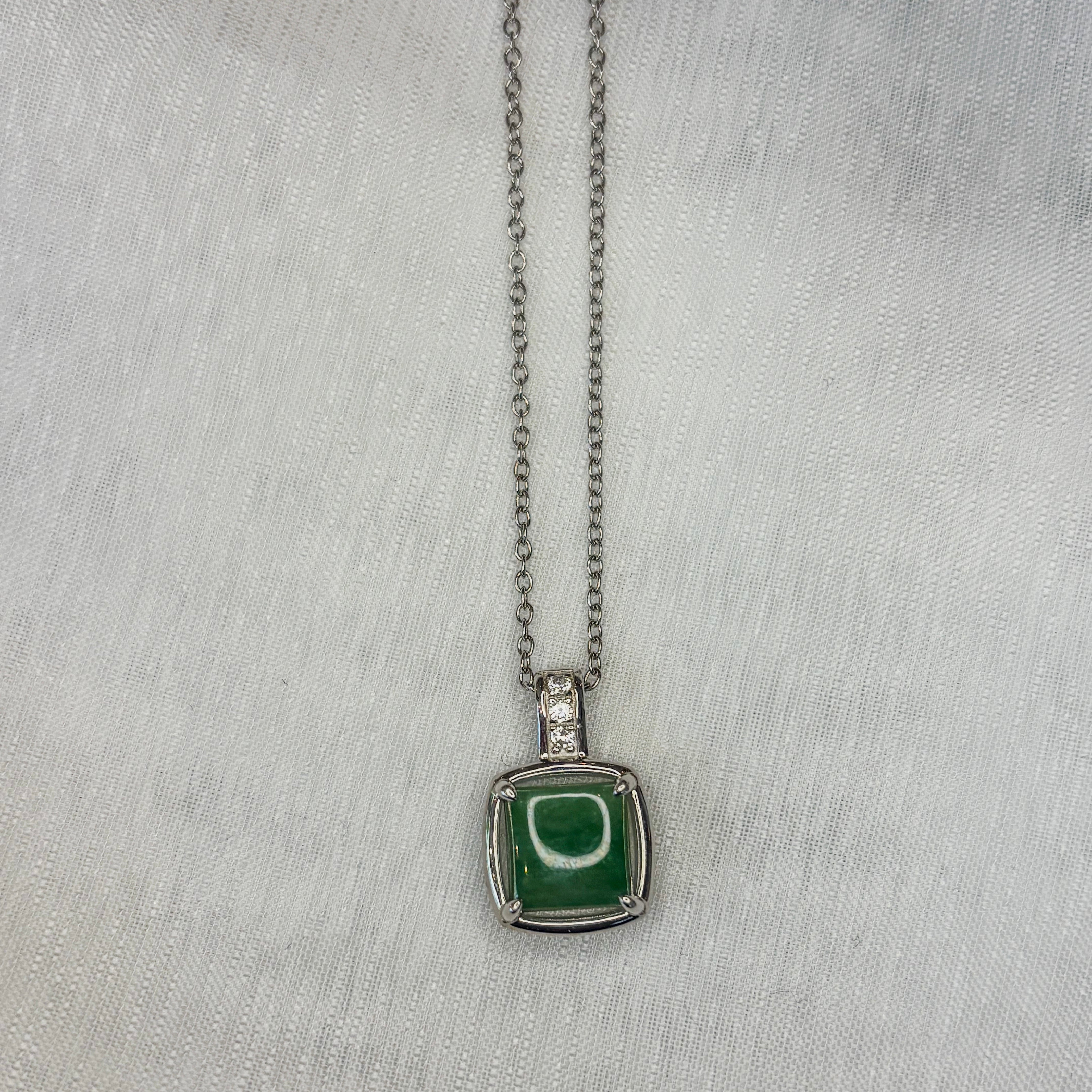 Jade and Zirconia Square Necklace - Sterling Silver