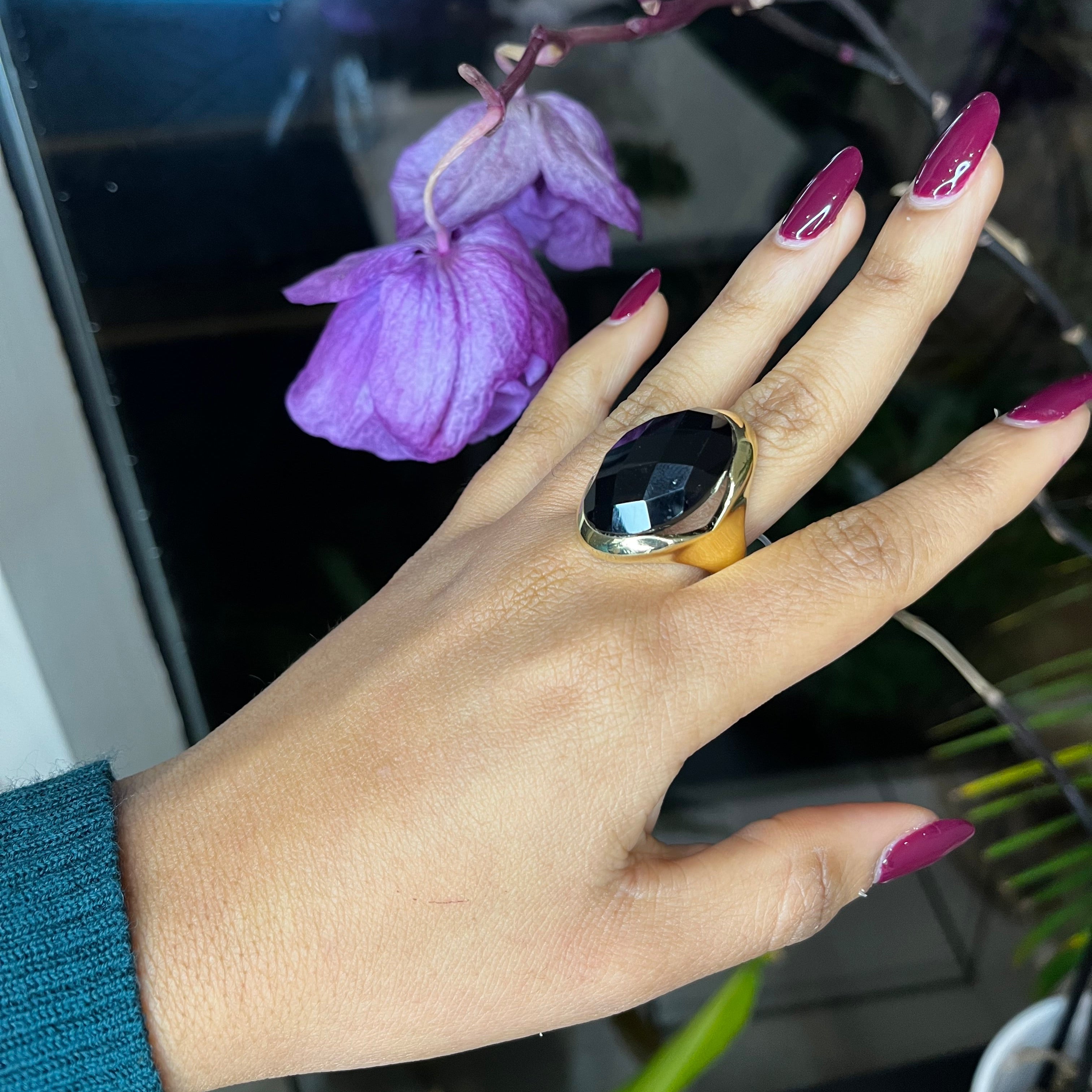 Big Black Obsidian Ring - Gold Plated