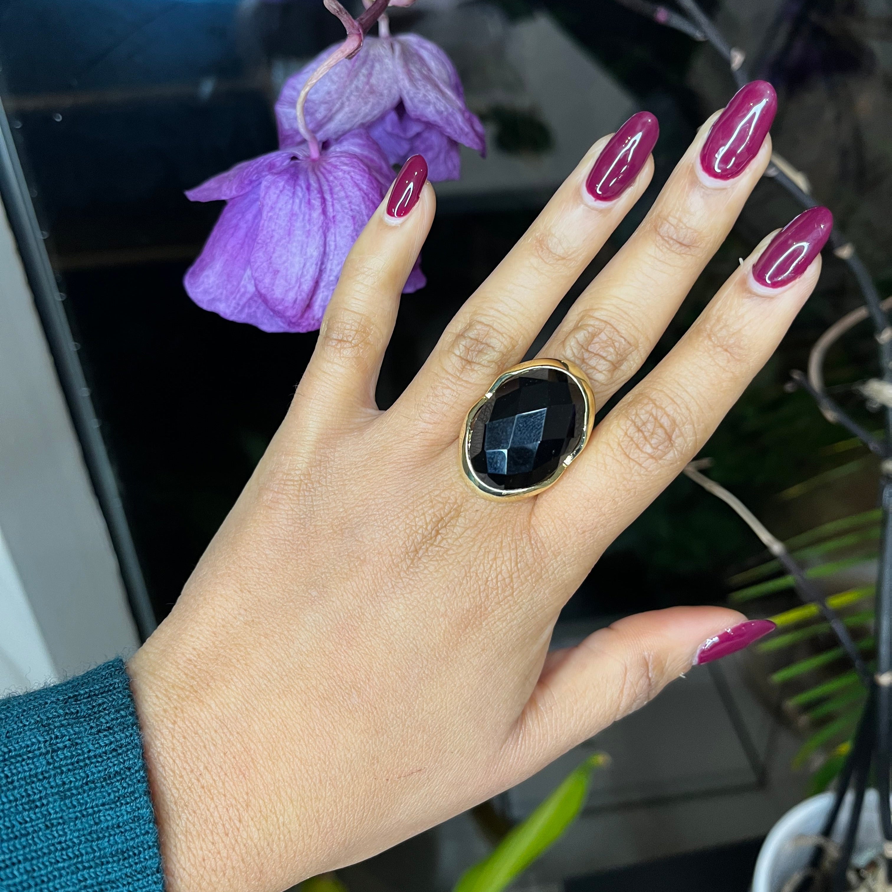 Big Black Obsidian Ring - Gold Plated