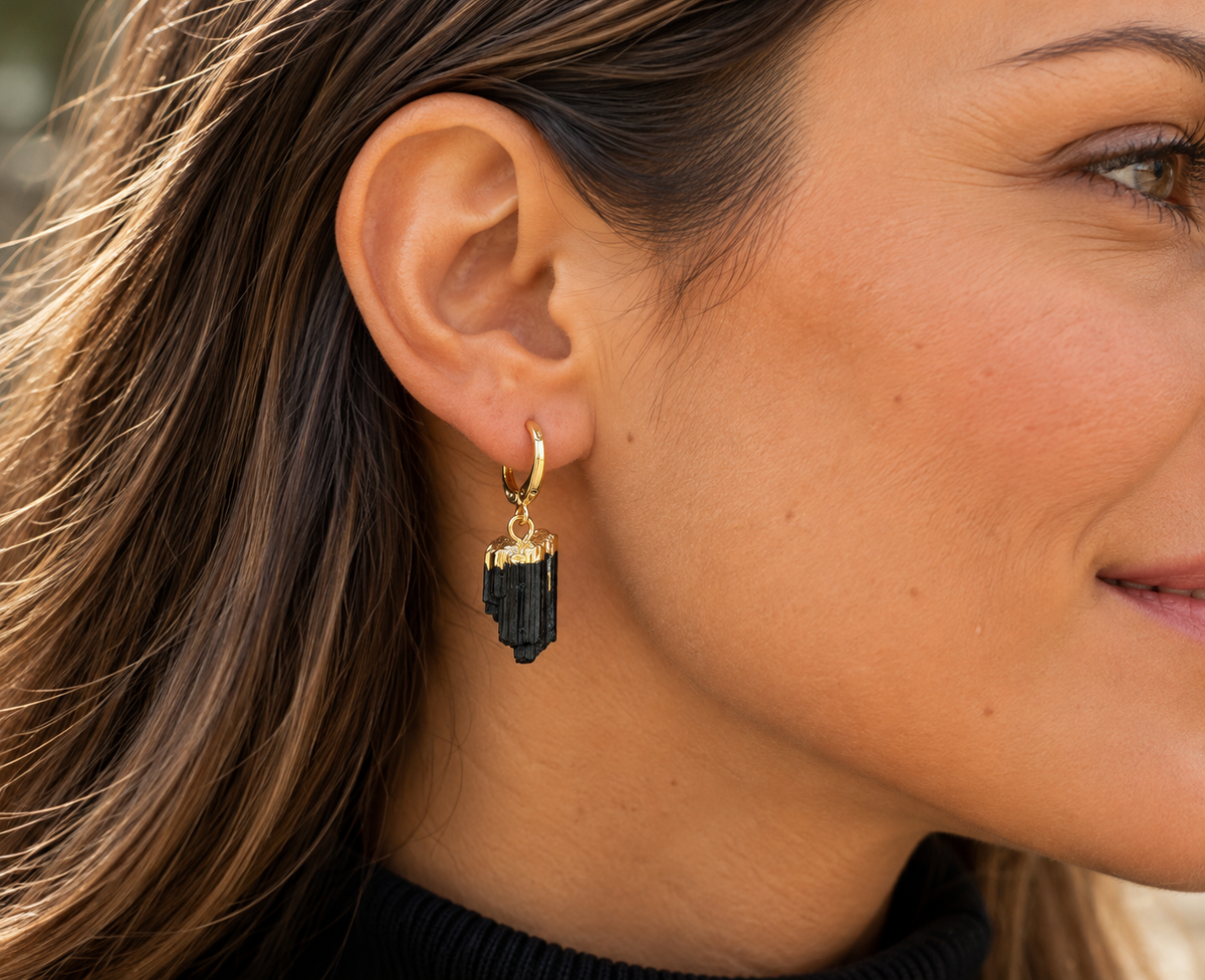 Black Tourmaline raw Hoops Earrings - Gold Plated