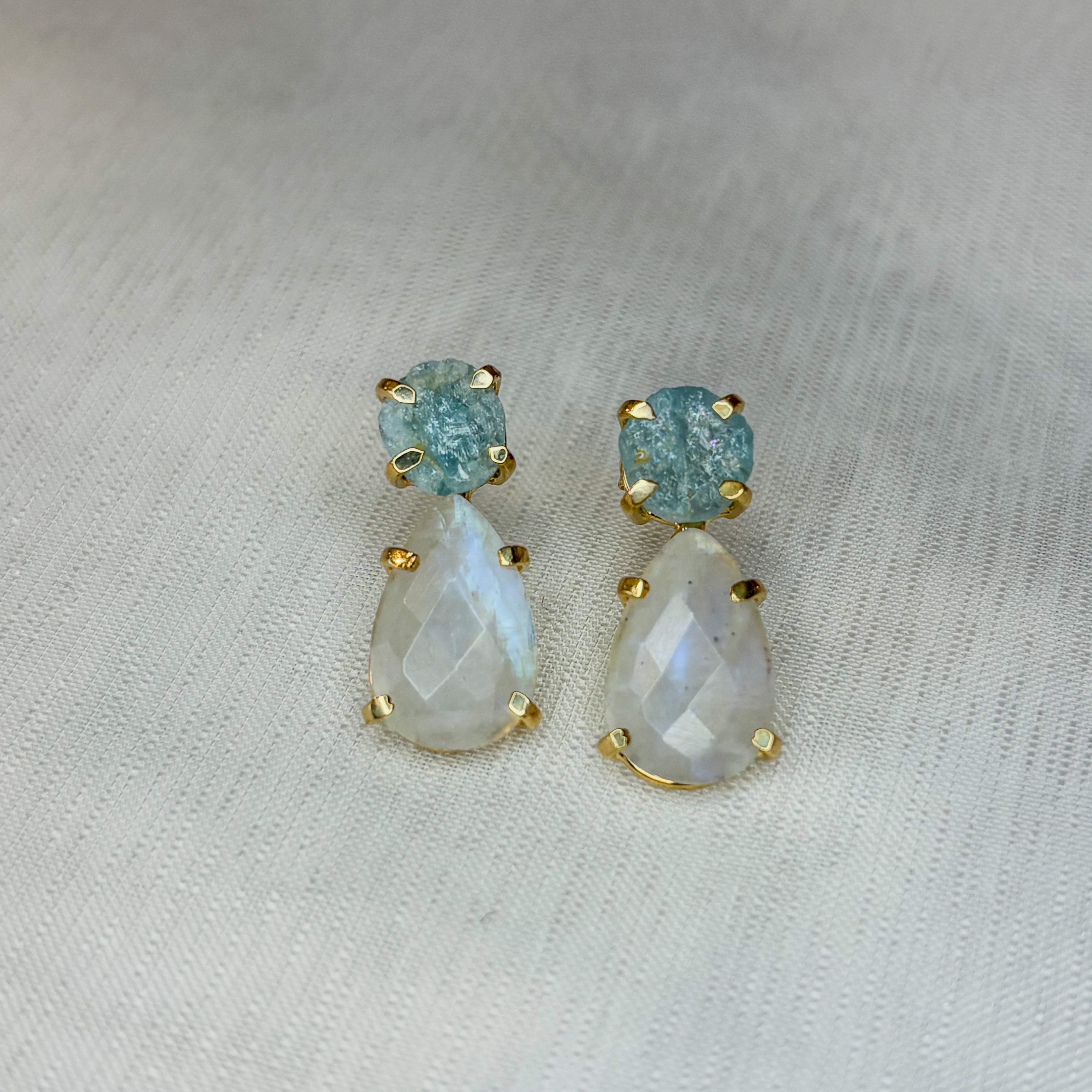 Moonstone & Aquamarine Drop Earrings - Gold Plated
