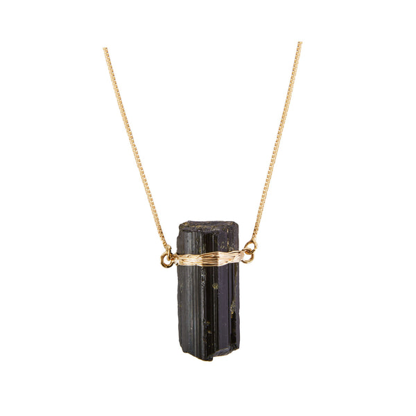 Black Tourmaline - Wrapped Raw Necklace - Gold Plated - L