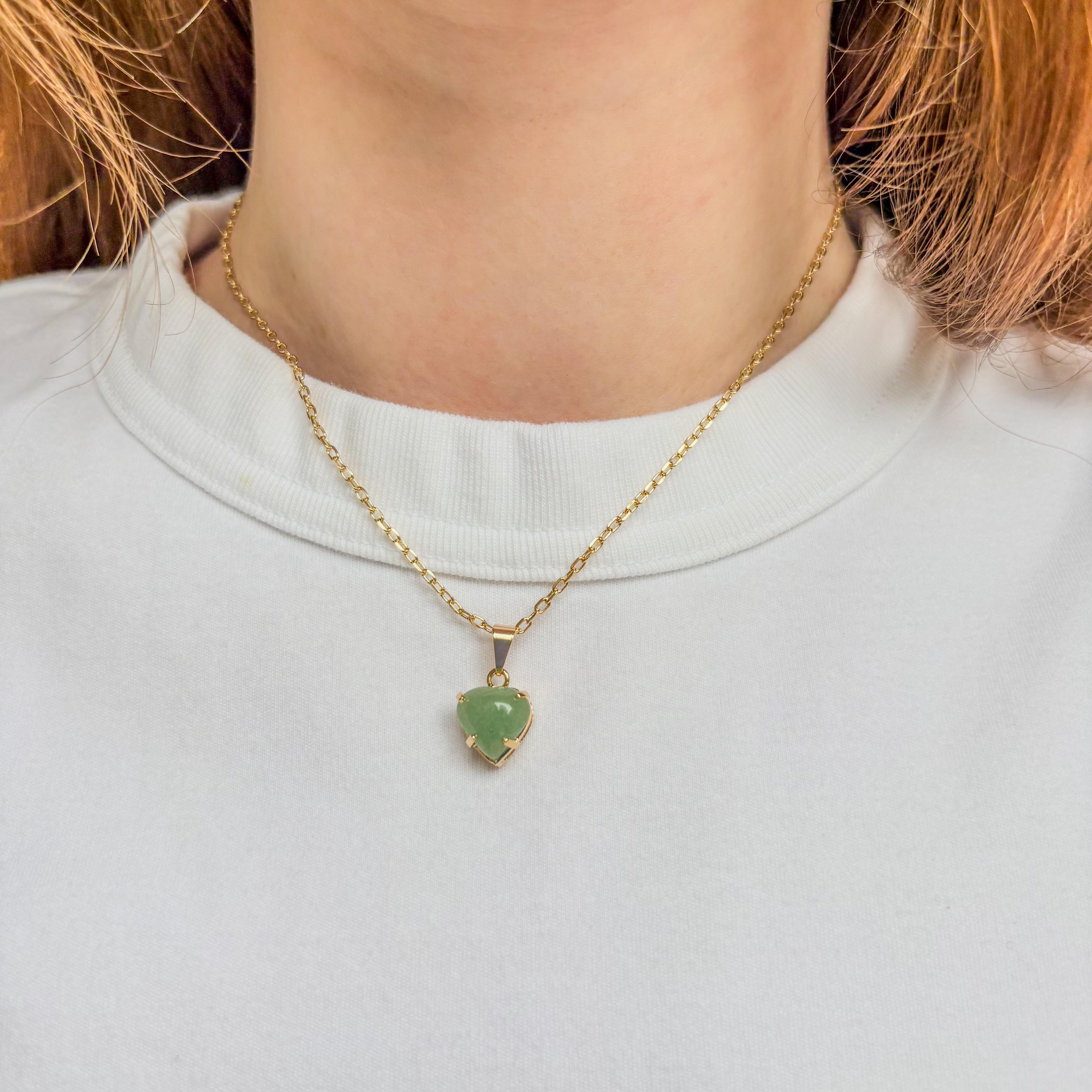 Green Quartz Love Heart Pendant - Gold Plated