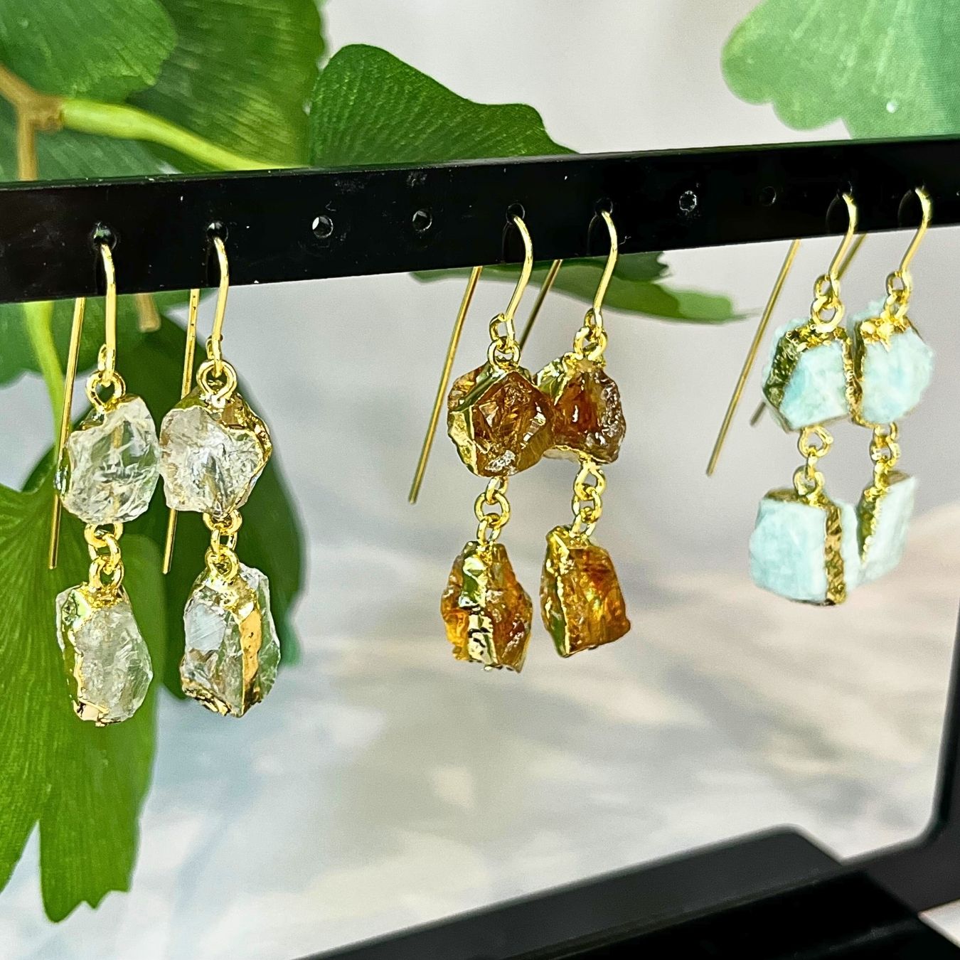 Various stones - Drops Raw Earrings - Gold Plated
