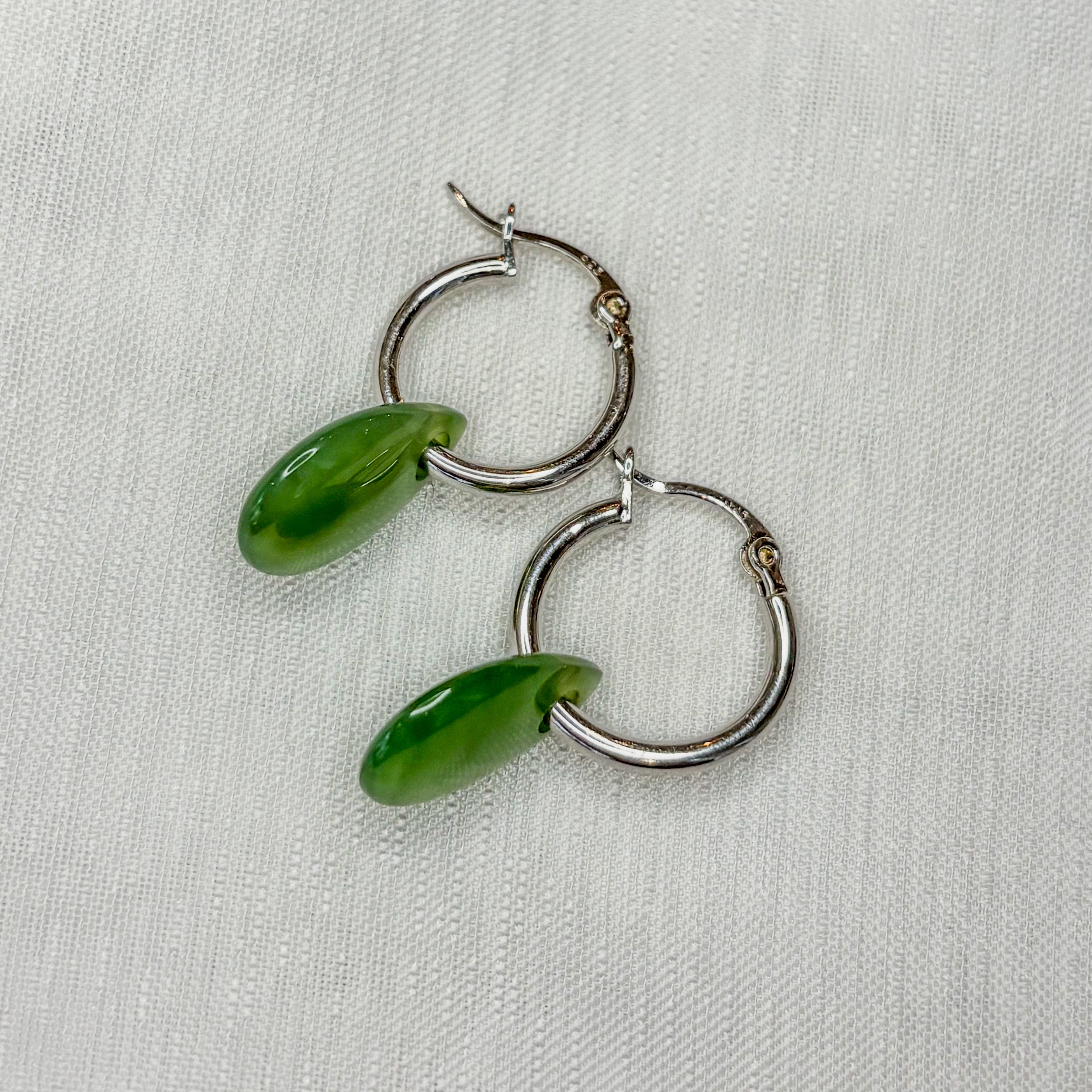 Jade Earrings - Drop Hoops - Sterling Silver