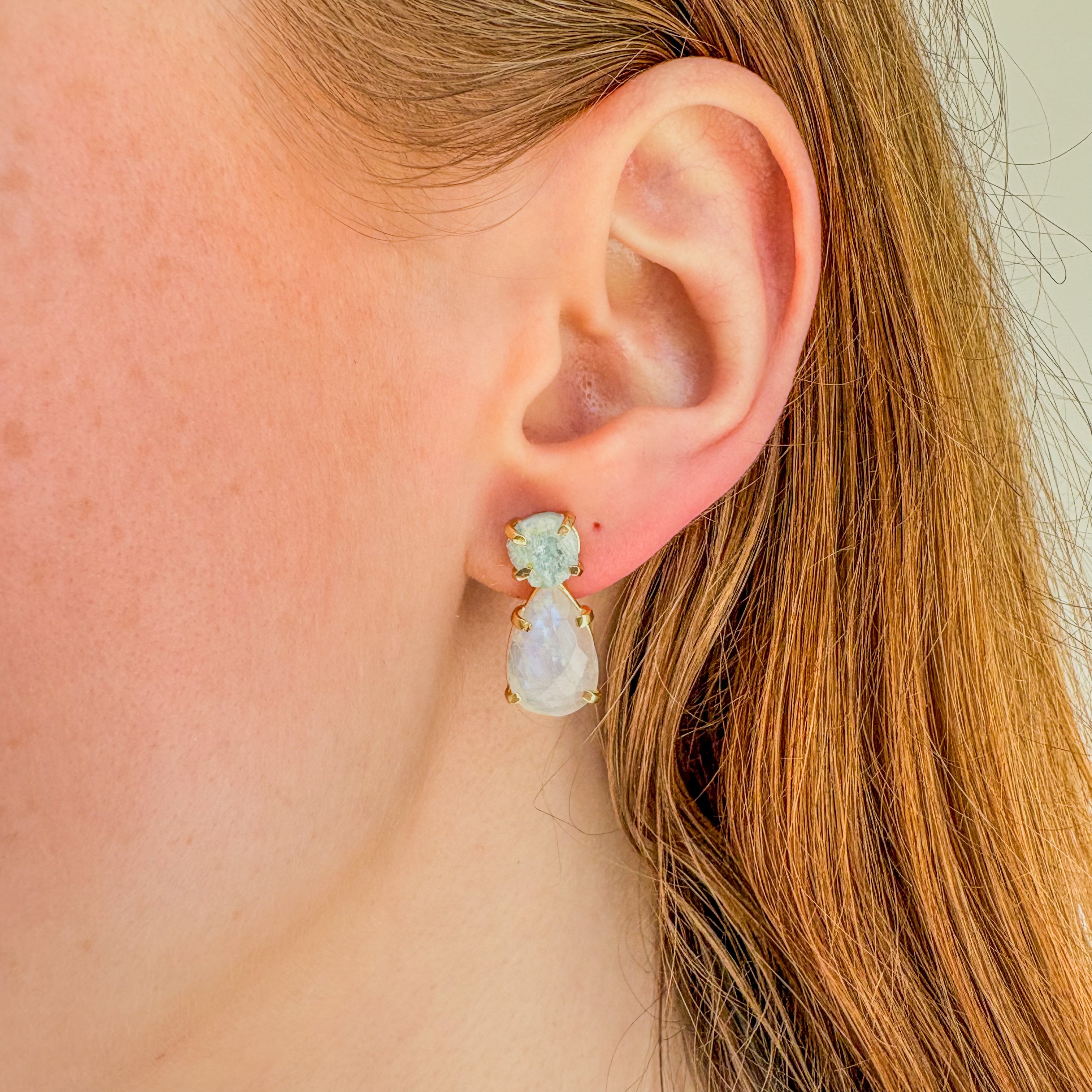 Moonstone & Aquamarine Drop Earrings - Gold Plated