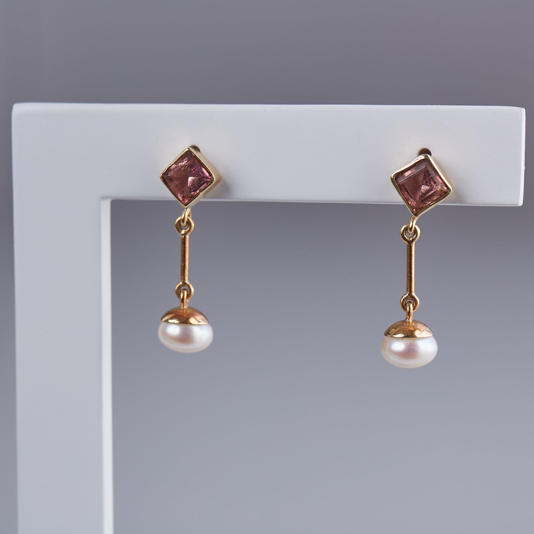 Pink Tourmaline with White Pearls - Earrings - Solid 14k Gold