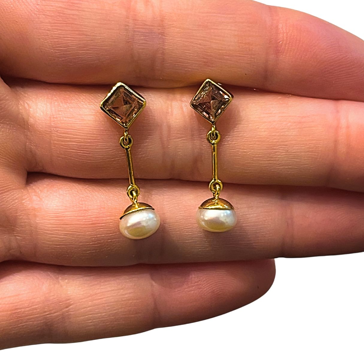 Pink Tourmaline with White Pearls - Earrings - Solid 14k Gold
