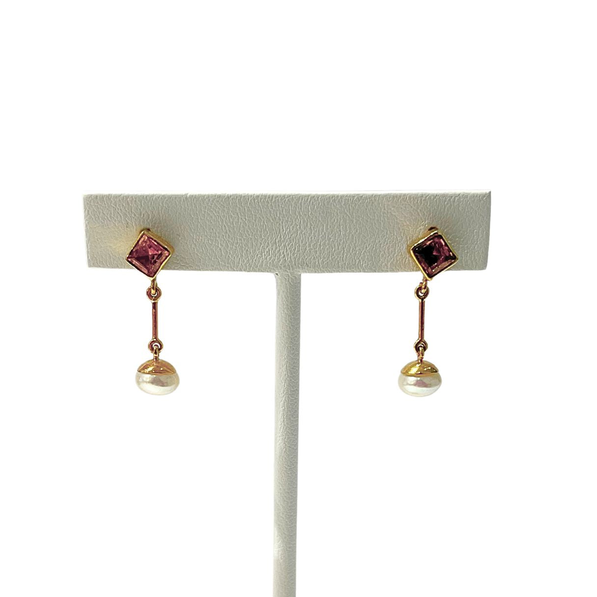 Pink Tourmaline with White Pearls - Earrings - Solid 14k Gold