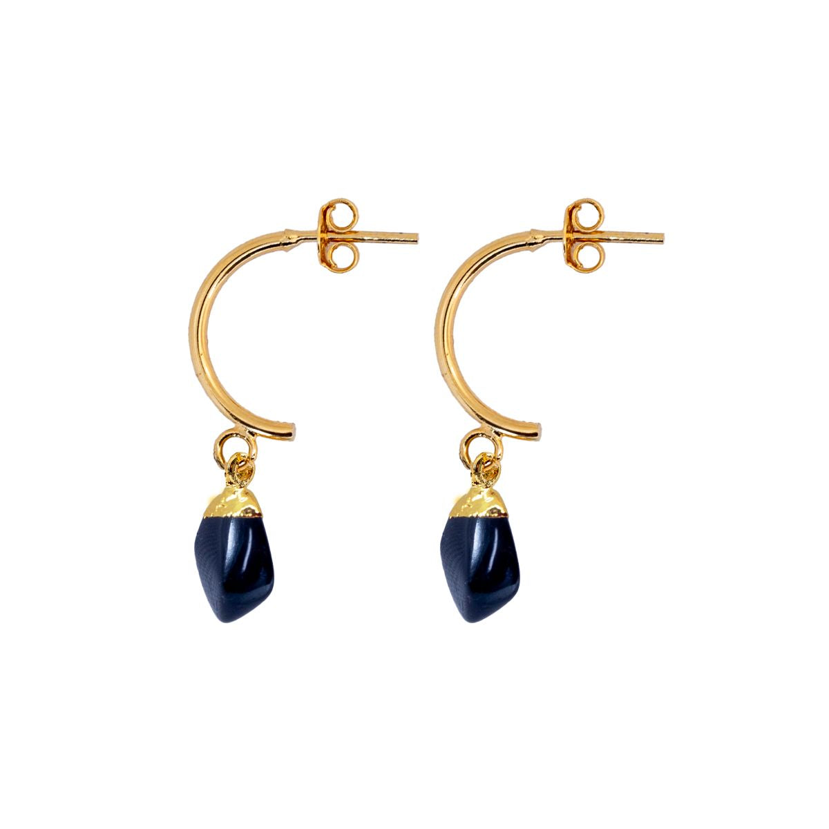 Black Obsidian Half Moon Earrings - Gold Plated