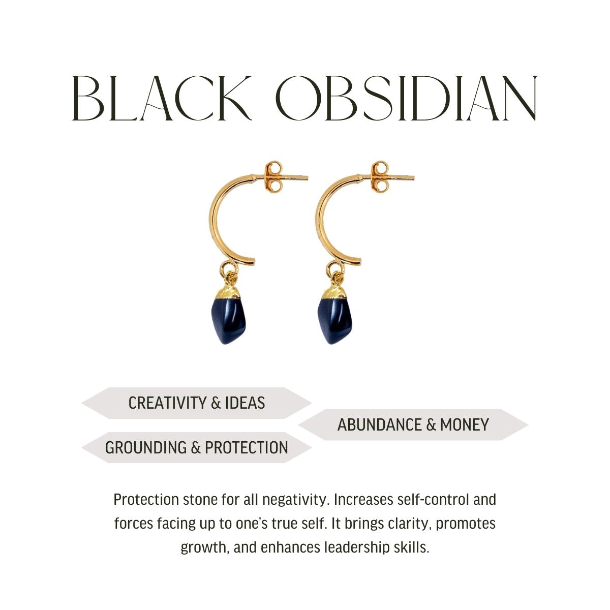 Black Obsidian Half Moon Earrings - Gold Plated