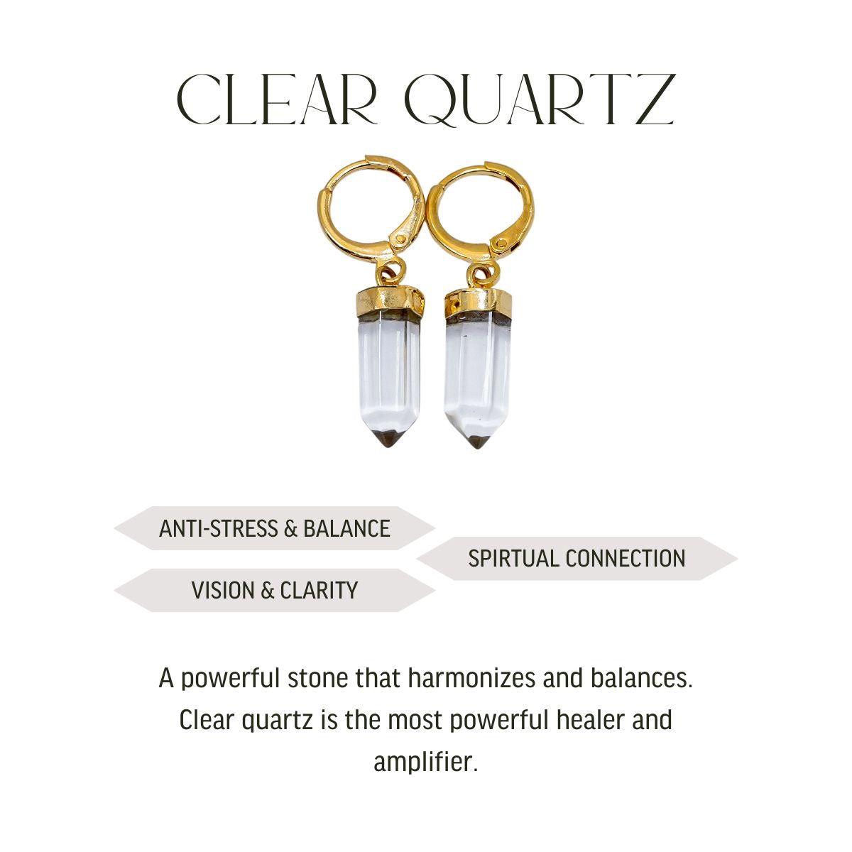 Helder kwarts puntig prisma - creolen - verguld