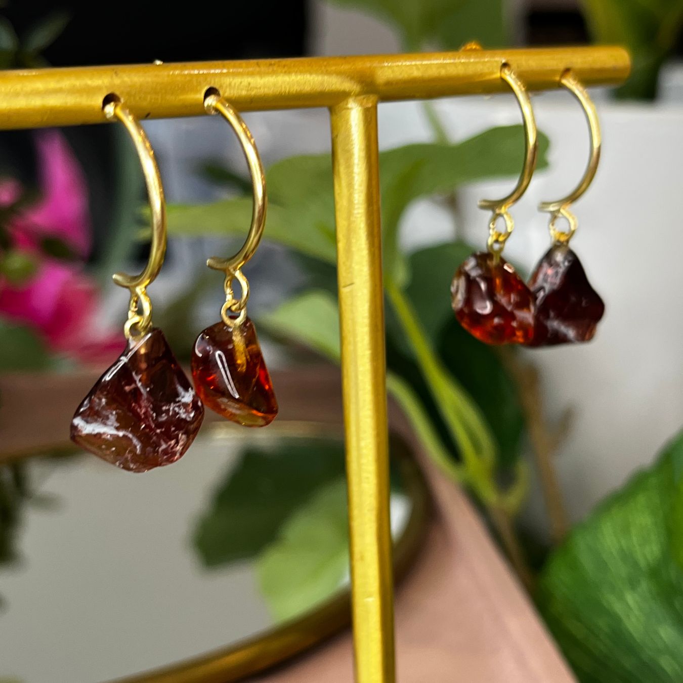 Garnet Half Moon Earrings - Gold Plated
