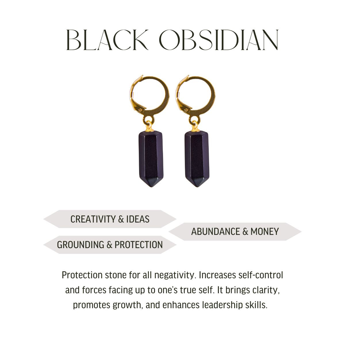 Black Obsidian Pointed Prism - Hoop Earrings - Gold Plated