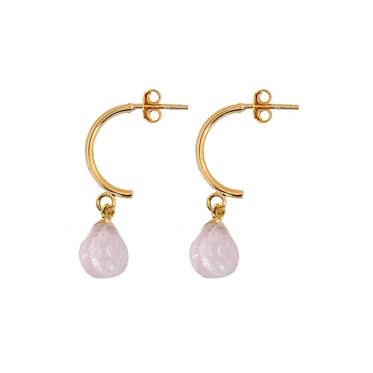 Rose Quartz Half Moon Earrings - Gold Plated