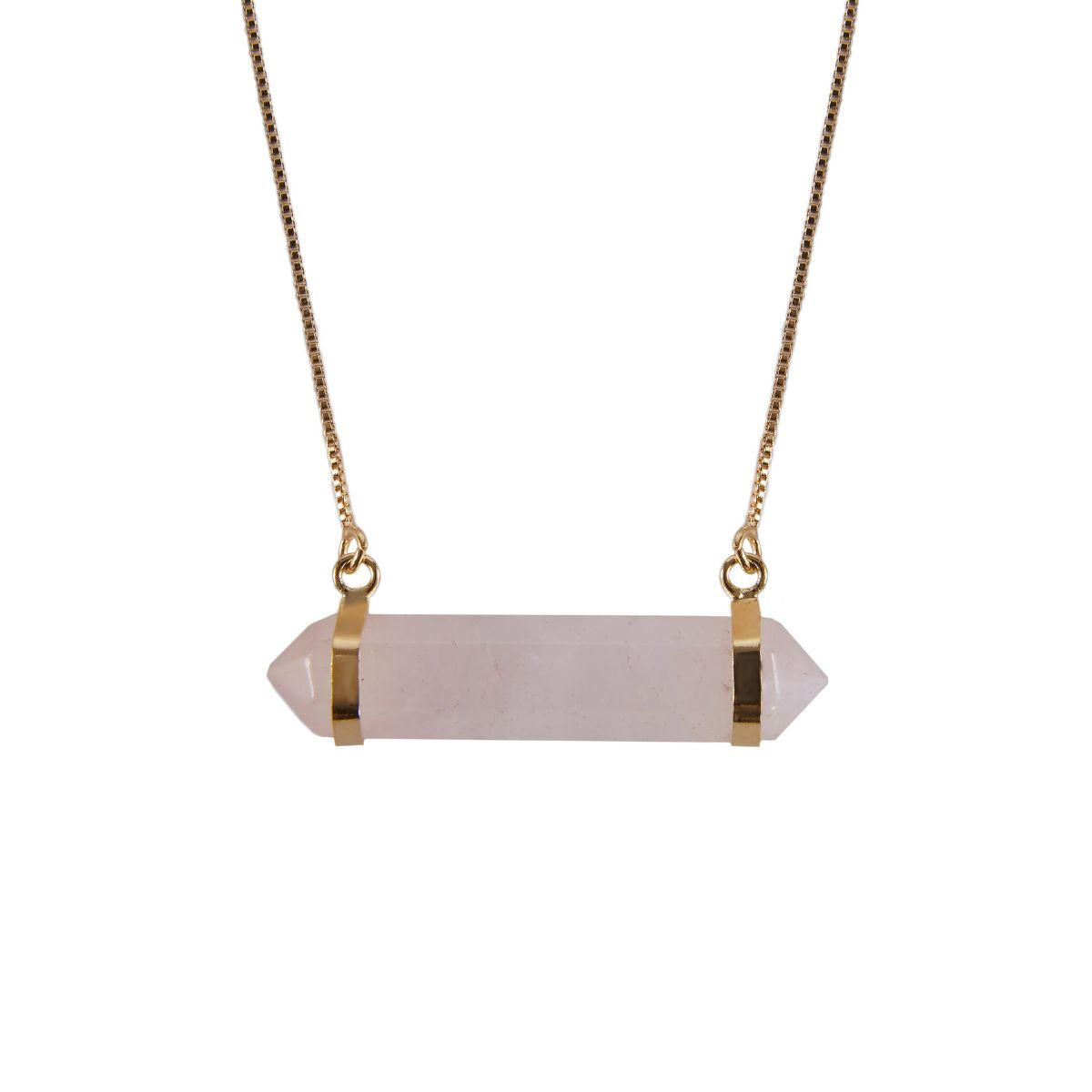 Rose Quartz Two Points - Horizontal Necklace - Gold Plated