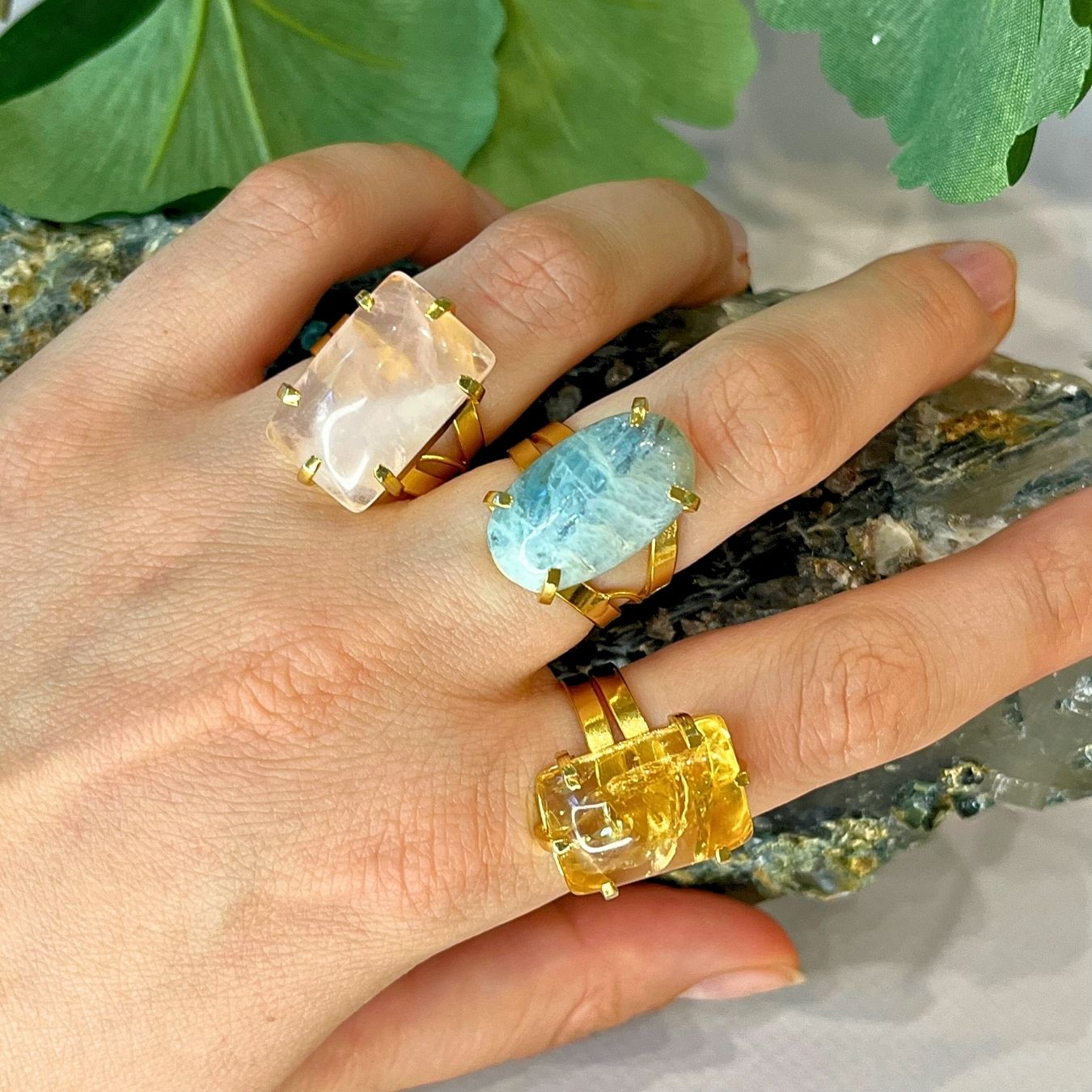 Various stones - Adjustable Cabochon Ring - Gold Plated